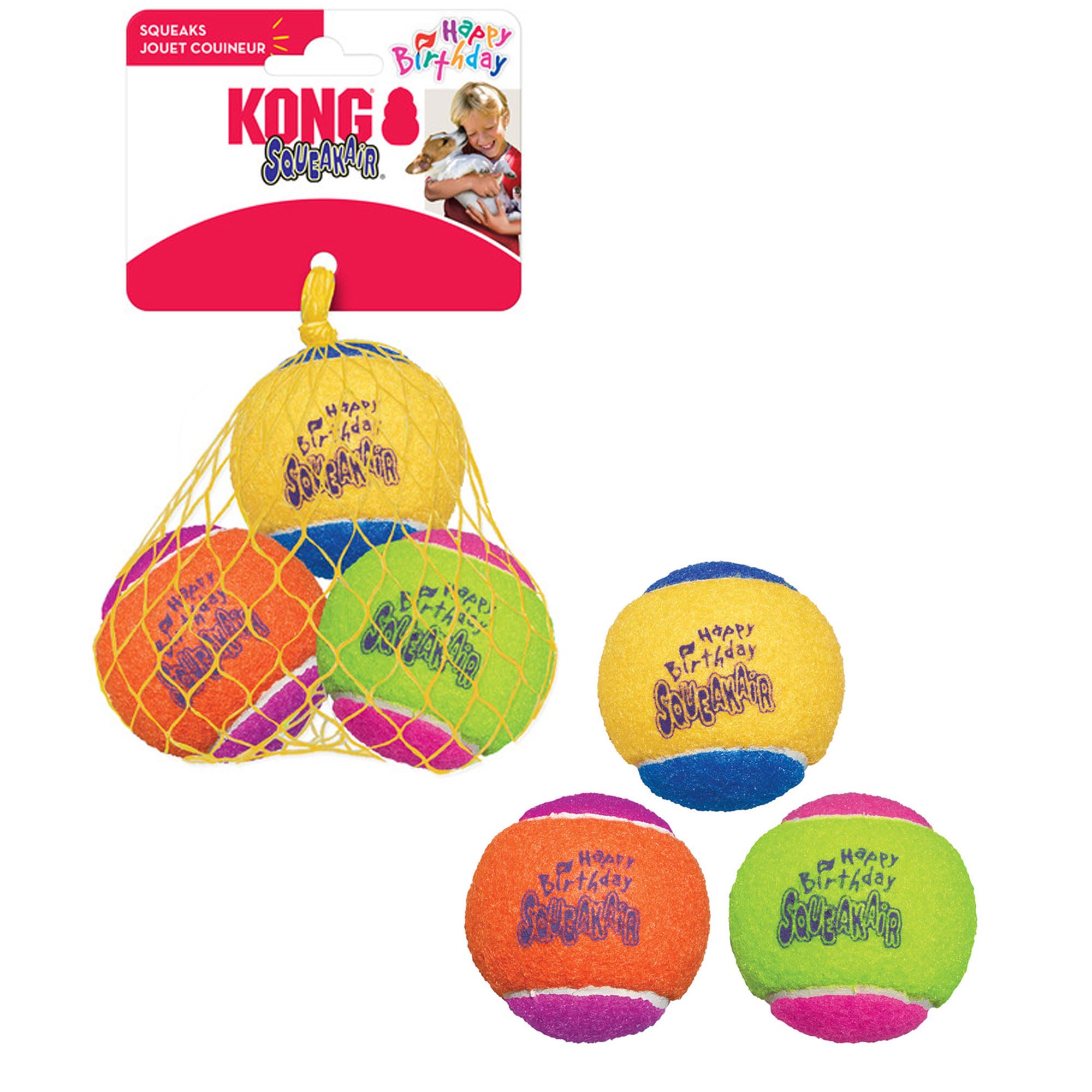 KONG - SqueakAir Birthday Balls (3 Pack) – Durable Non-Abrasive Fetch Toy with Built-in Squeaker, Assorted Colors (2 Packs)