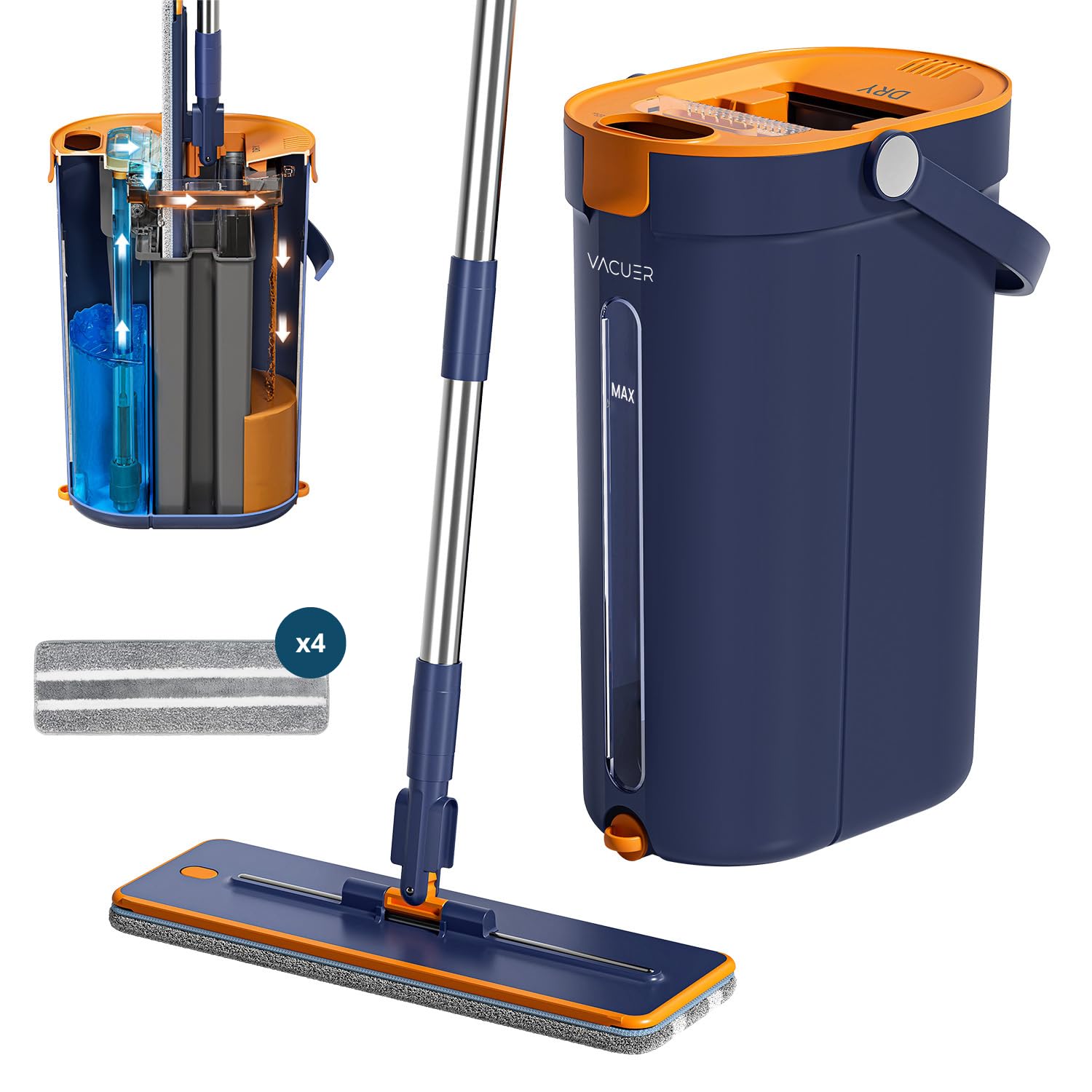 Scopa mocio centrifuga piatta 3 serbatoi K1-Pro, reale separazione acqua pulita e sporca, pulizia igienica senza sforzo, jet-Brosse, manico inox, testa XL, x4 microfibra lavabili, marca francese