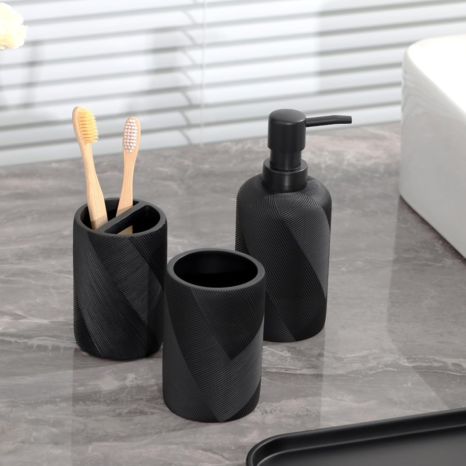 Bathroom Accessories Set, Bathroom Organizer Countertop, Soap Dispenser and Toothbrush Holder, Mouthwash Cup, Tray Set, Vanity Tray for Bathroom, 4 Pieces Modern Decor (Matte Black) - Image 5