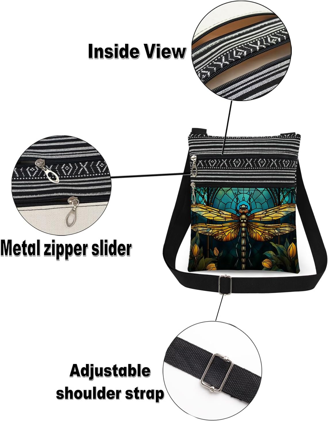 Stained-Glass Dragonfly Women Crossbody Bag Adjustable Shoulder Strap Messenger Bag Unique Birthday Mother's Day Gift​​ Travel Crossbody Purse