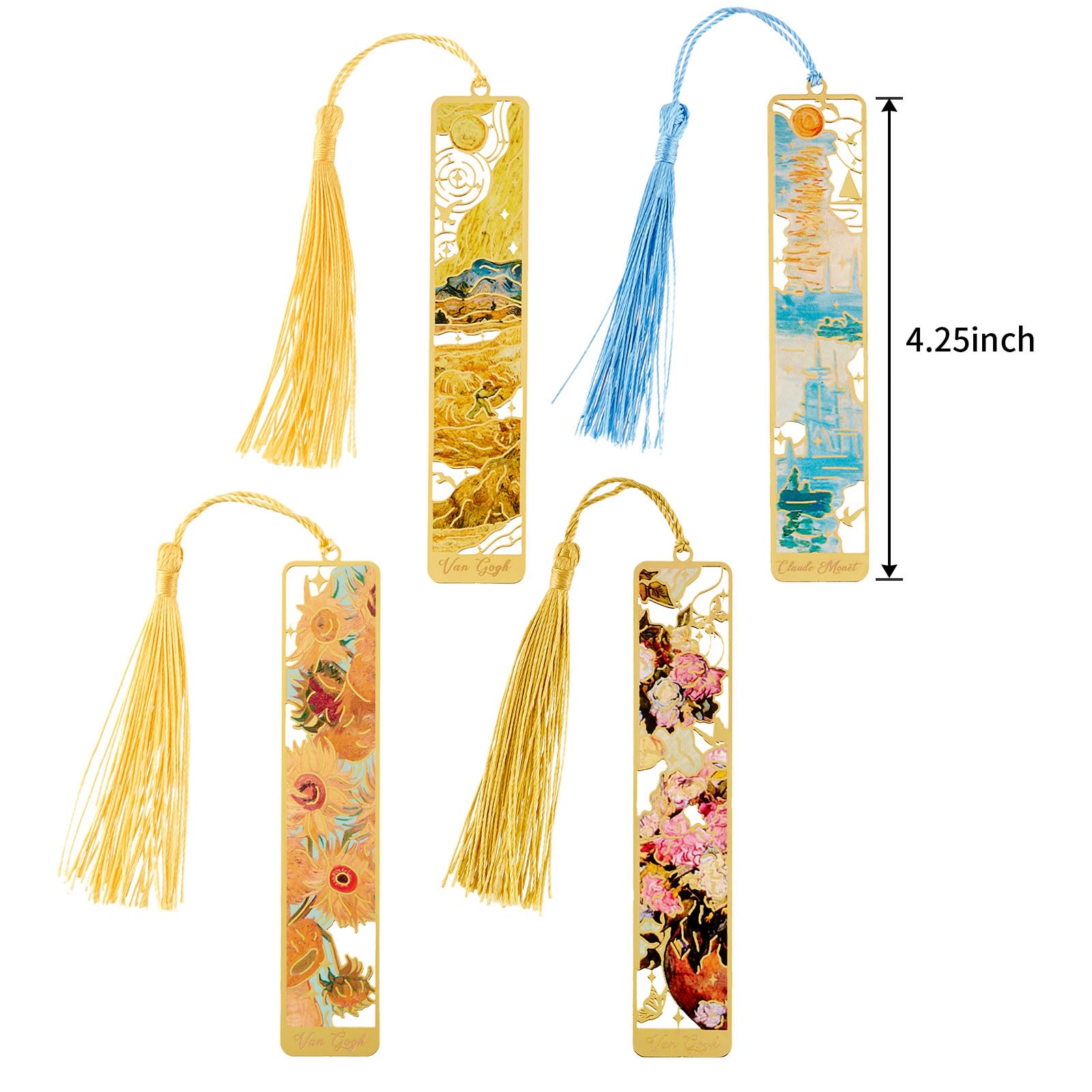 ZOUIQSS Metal Bookmarks with Tassel Golden Hollow Bookmark Van Gogh Oil Painting Theme Book Mark Bookmarks for Book Lovers Writers Readers Men Women,4 Pieces,Style5 - Image 2