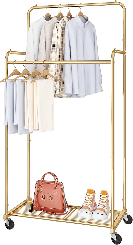 Ekisemio Double Rod Rolling Clothes Garment Rack, Heavy Duty Clothing