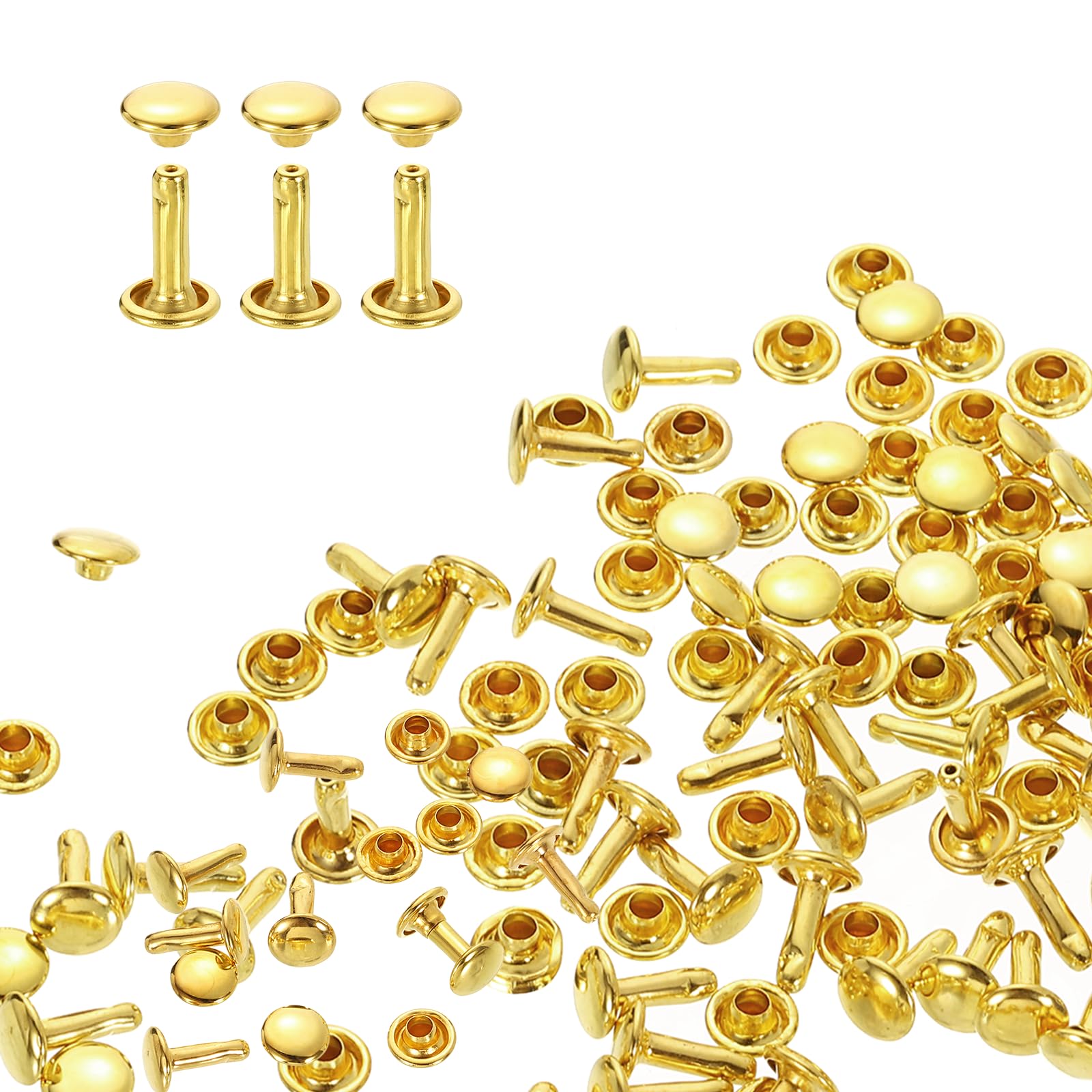 sourcing map 80 Sets Double Cap Rivets 7x10mm Carbon Steel Round Head Snaps Studs Fasteners Tubular Metal Studs for Leather Craft Repairs Decoration, Gold