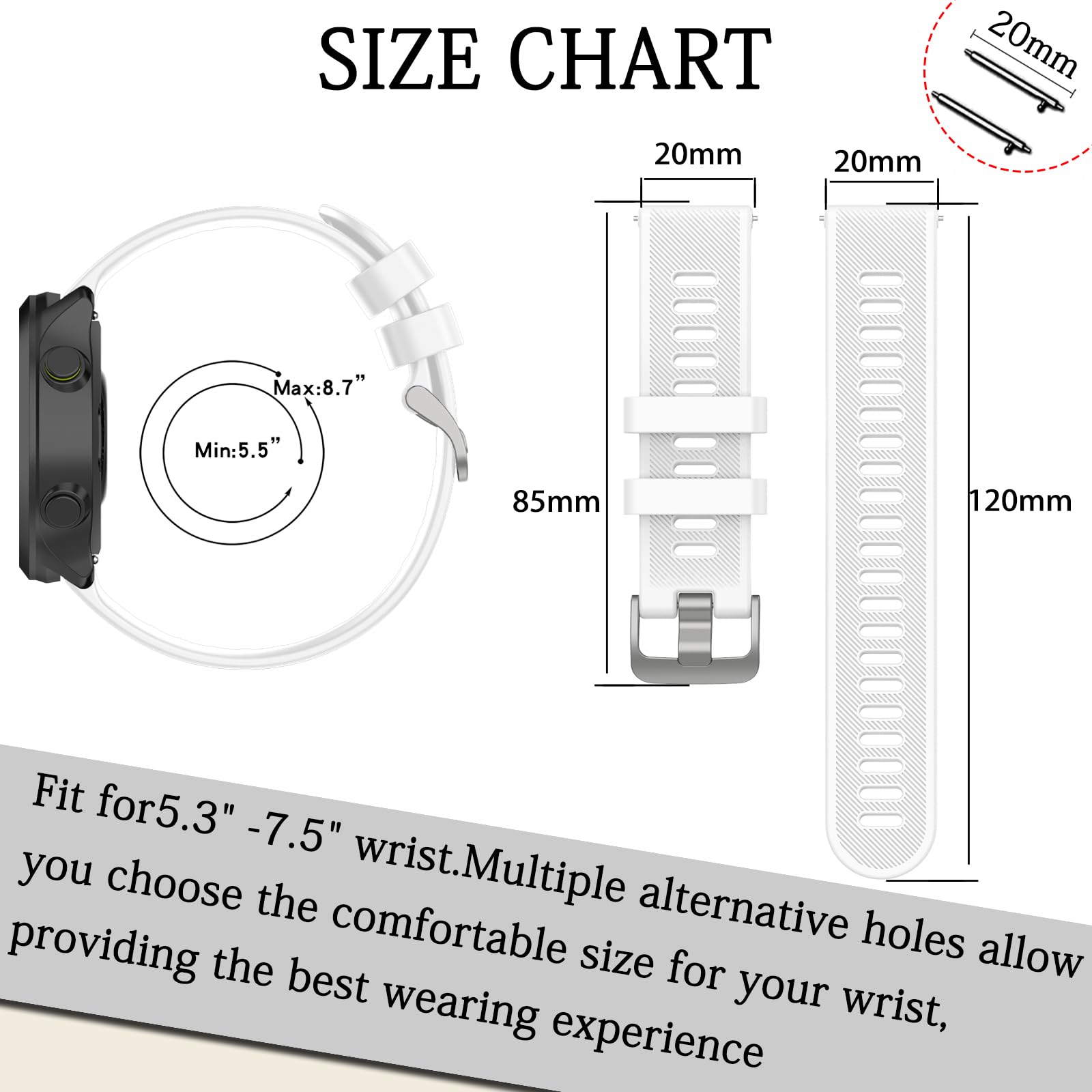 Cinturino Compatibile con Garmin Forerunner 55/158 / 245/165 / 645, 20mm Cinturino Universale Ricambio, Regolabile Cinturini Sportivo (nessun Tracker)