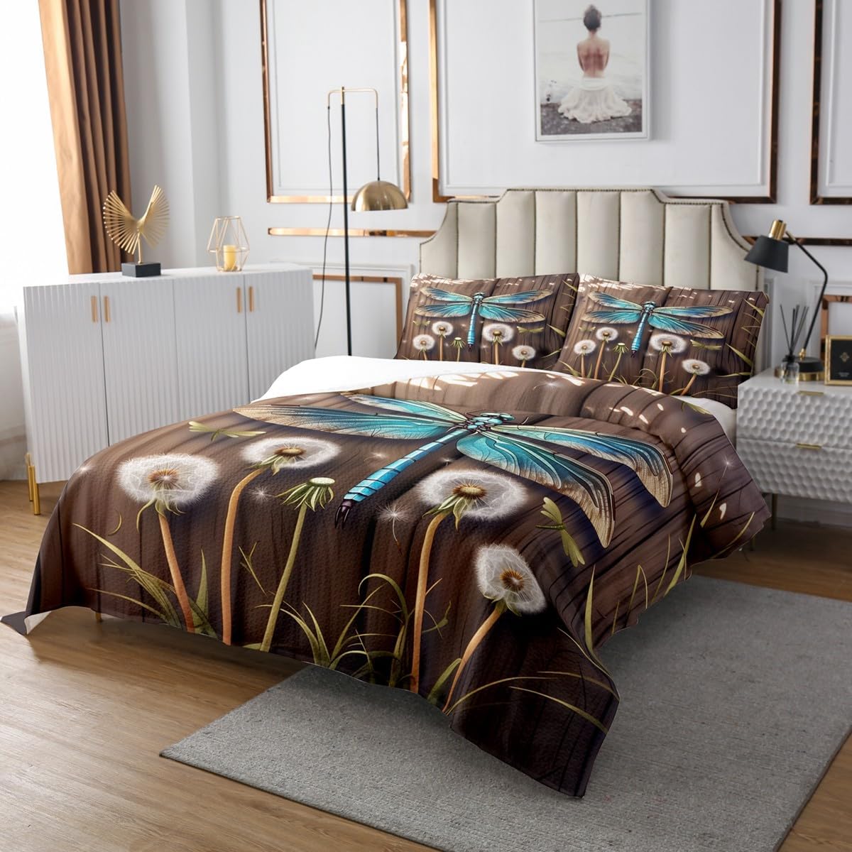 Erosebridal Kids Dandelion King Bedspread Set,Purple Plant Floral Quilt Set for Girls Boys Adults Women Bedroom,Natural Garden Botanical Coverlet Set Colorful Animals Aesthetic Bedding Set