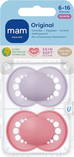 The MAM Original Pure Dummies in Pink/Purple, designed for comfort and sustainability.