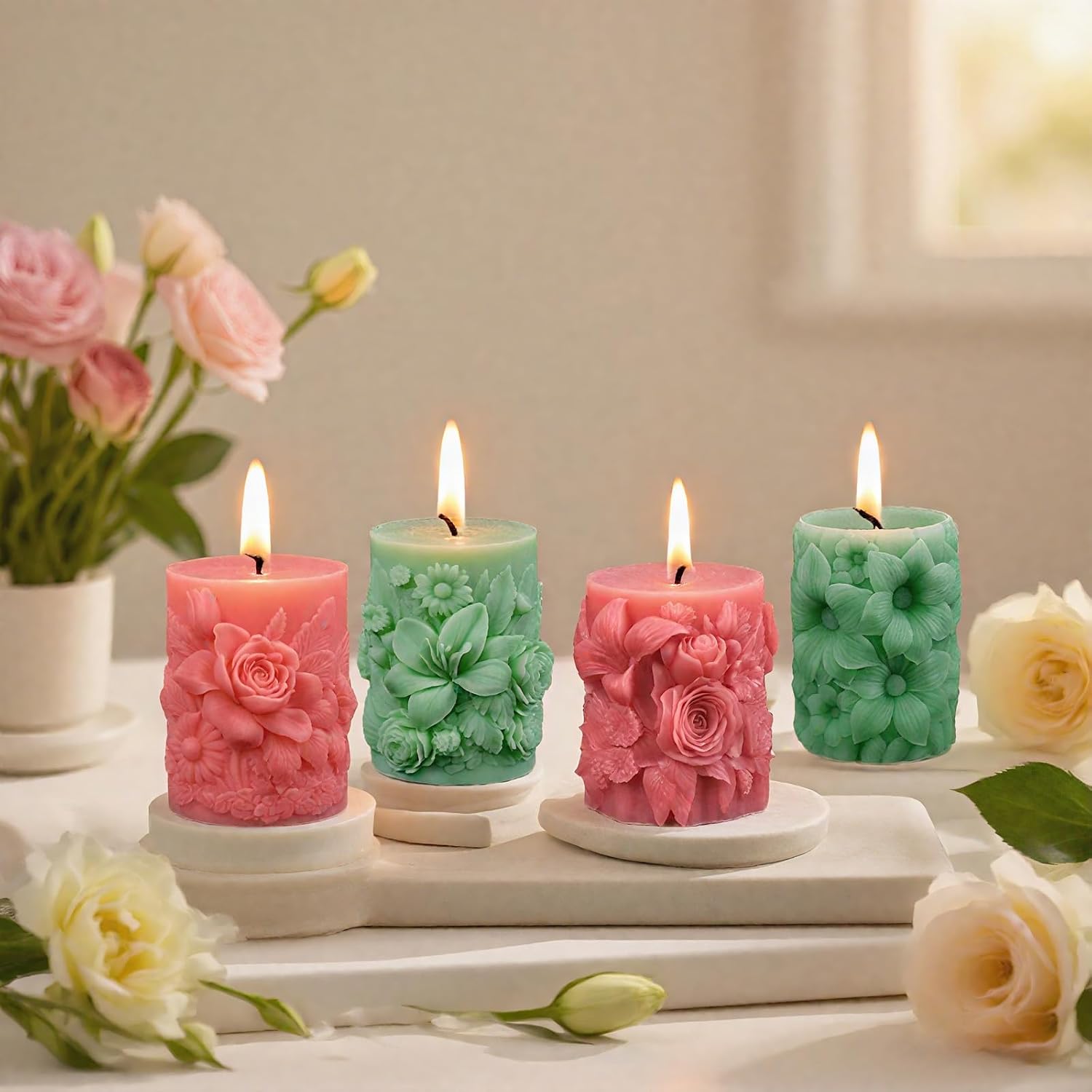 4 PCS Flower Pillar Candle Molds, Silicone Resin Casting Molds for Home Decor & Candle Making, Soap and Epoxy Resin Crafts