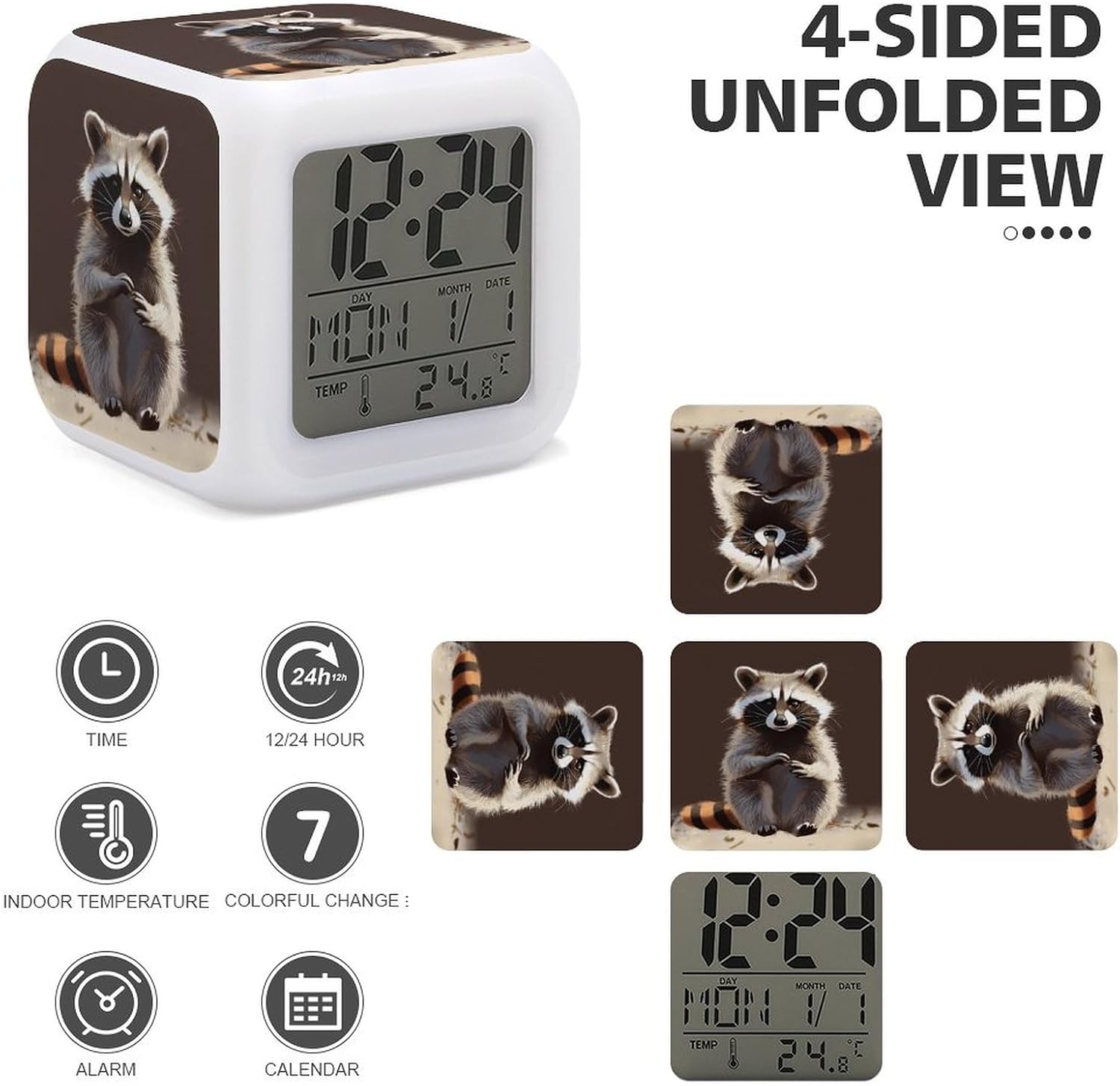 Cute Raccoon Alarm Clock Led Display Alarm for Bedroom Smart Digital Alarms with 7 Color NightLight Small Night Light Clock for Heavy Sleepers Simple Operation image 4