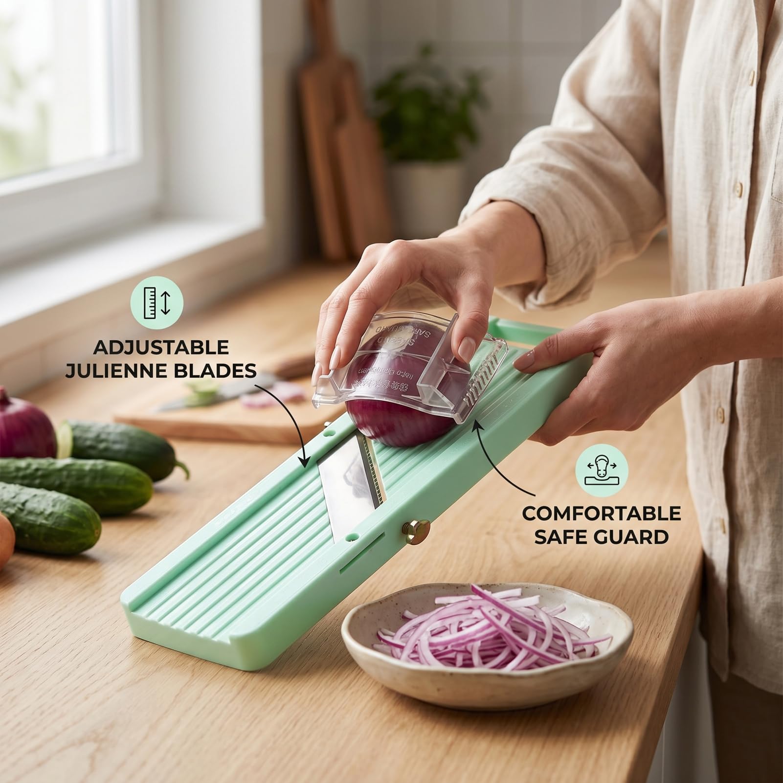 Ejoyous Cortador de Verduras Mandolina Japonesa de Acero Inoxidable con Ergonómico y Base Antideslizante Cortes Ajustables para Ensaladas Salteados Cocineros Caseros (Verde)