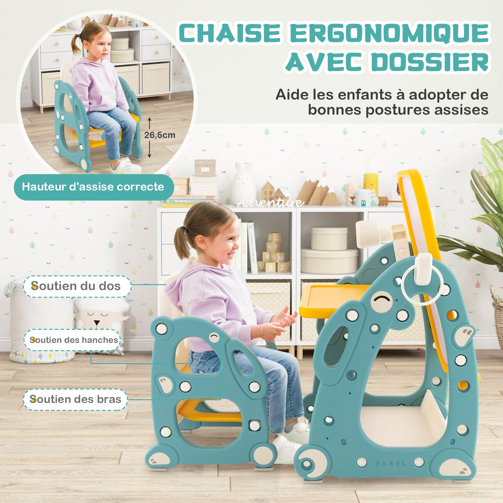GOPLUS 4 en 1 Tableau Enfant avec Chaise, Table Enfant Tableau Blanc Magnétique Réglable avec Banc avec Télescope,Lancer d'Anneaux, Effaçable à Sec et Marqueurs 1-8 Ans