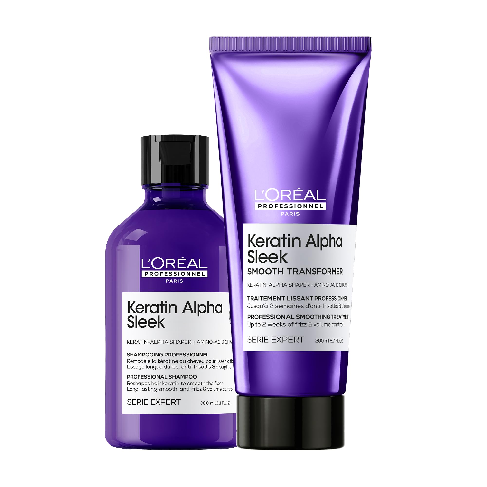 Bundle of L’Oréal Professionnel, Champú Sin Sulfatos Keratin Alpha Sleek+ L’Oréal Professionnel, Smooth Transformer Keratin Alpha Sleek, Tratamiento Profesional Progresivo Anti-Frizz