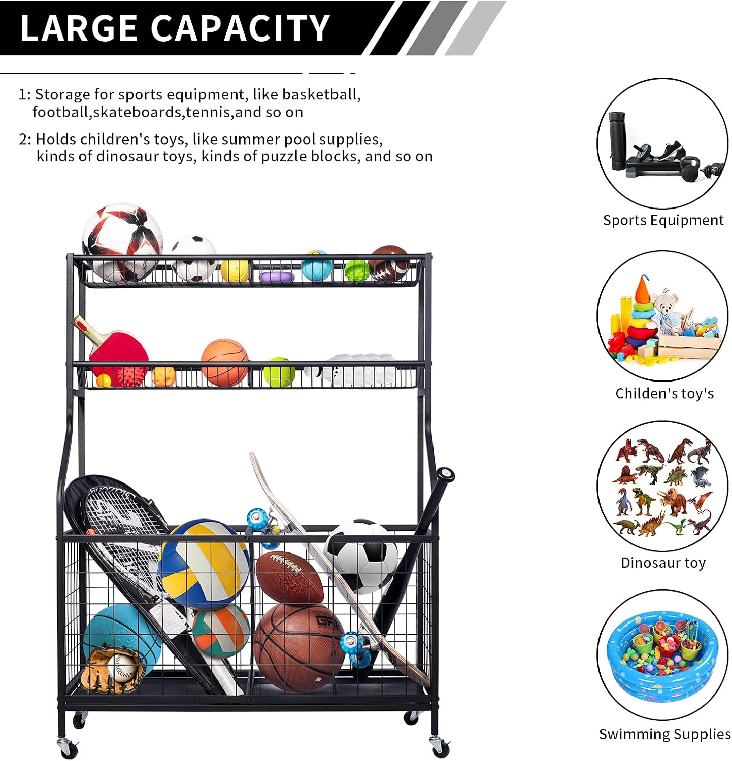 Garage Sports Equipment Organizer, Sports Ball Storage Rack, Garage Balls Organizer, Ball Rack with 2 Layers Baskets and 4 Wheels, Sports Equipment Storage for basketballs footballs, kids toys : Sports & Outdoors