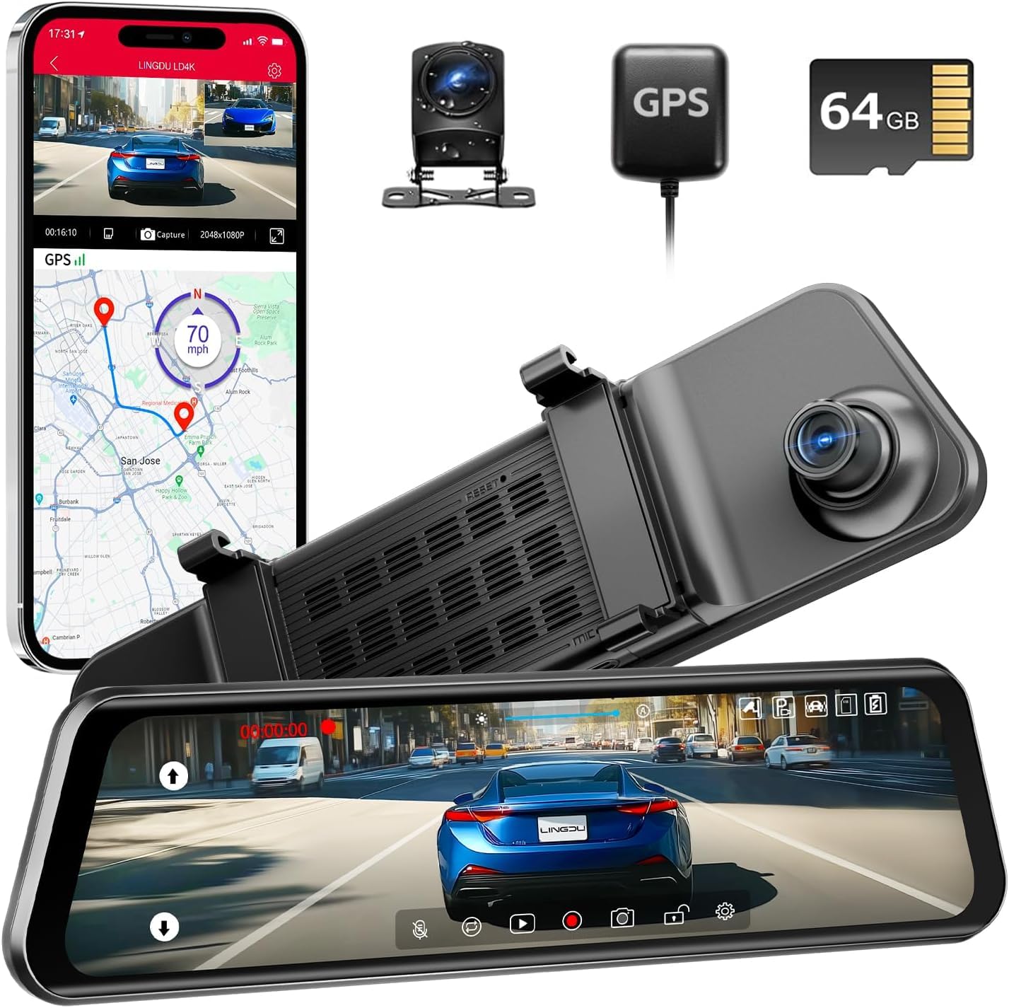 Smart 4K Mirror Dash Cam – 12" Full Touch Display, Front 4K + Rear 1K Camera, GPS Tracking, Night Vision, Parking Surveillance, 64GB Included-image-13