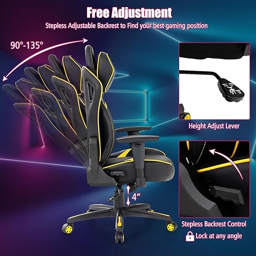 Miniatura 4 de Goplus Silla para videojuegos, silla giratoria de 360 en altura ajustable para computadora con reposabrazos 2D, función mecedora de asiento ancho,