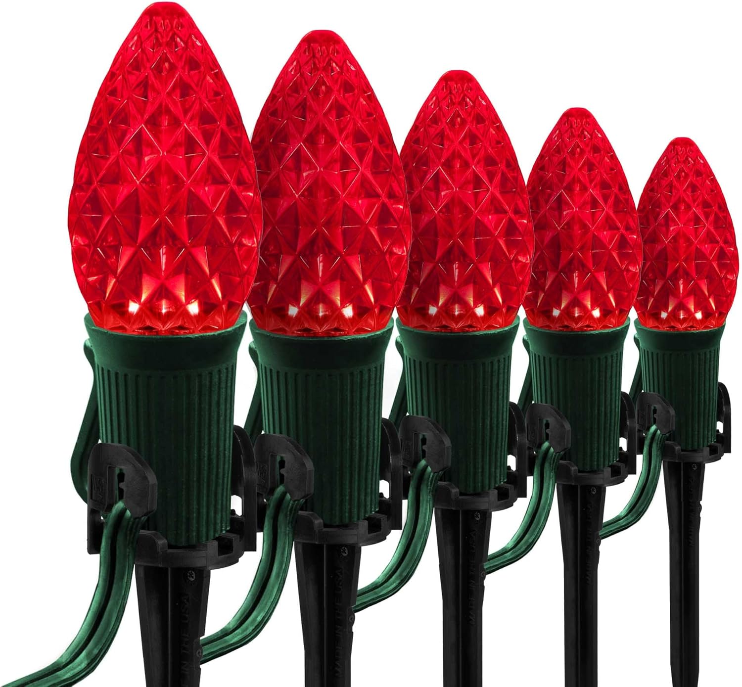 Wintergreen Lighting 25 OptiCore LED C7 Red Pathway Christmas Lights, C7 Outdoor Christmas Lights, 5 Stakes, Green Wire