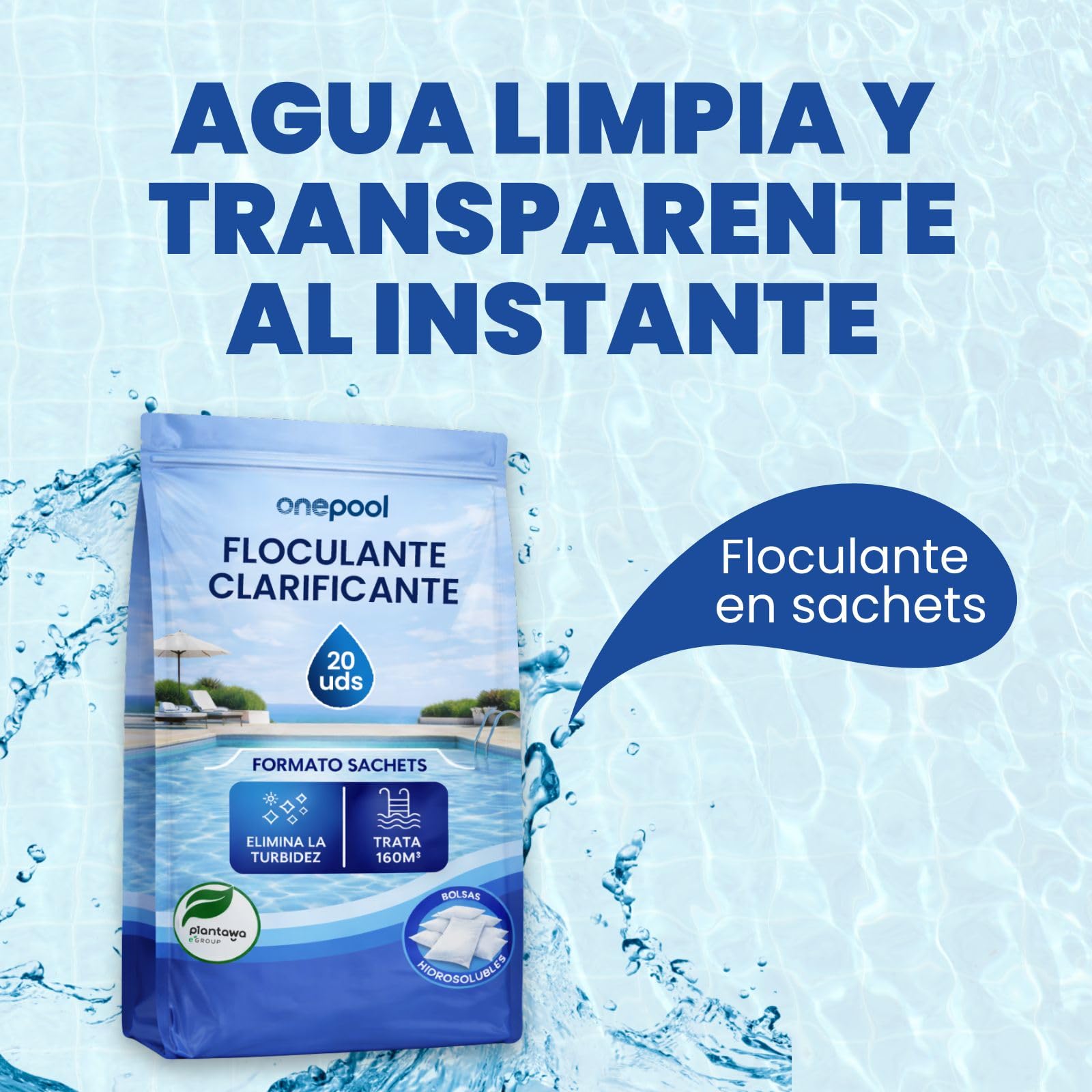 PLANTAWA Flocculante in polvere 20 bustine | Flocculante Chiarificante per Piscine, Equivale 2,5 KG, Eliminatore Turbidità, con Ingredienti Origine Vegan, Tutti i Tipi Piscine, SPA