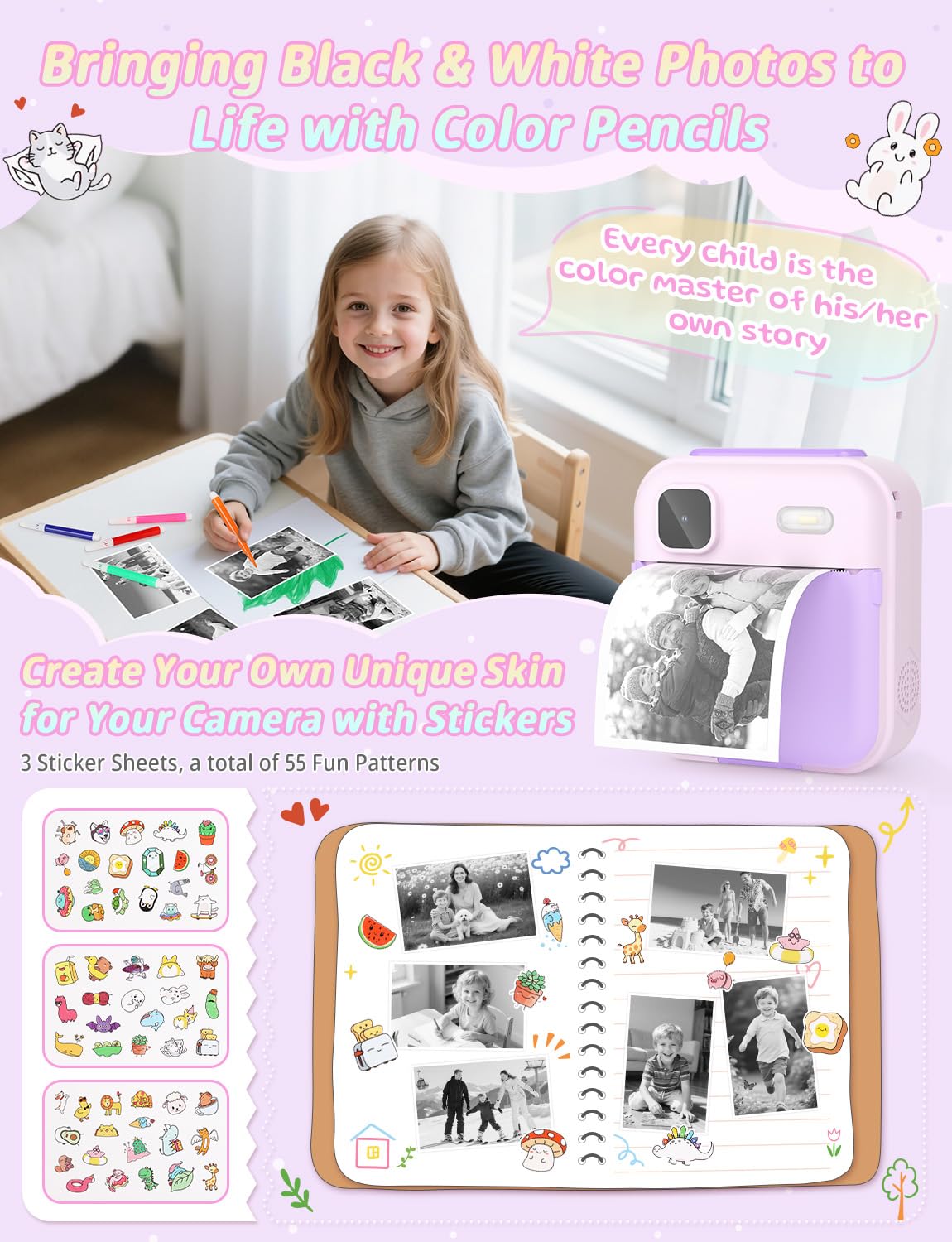 YOHOOLYO Aparat do natychmiastowego druku dla dzieci, cyfrowy aparat natychmiastowy 2,4 cala dla dzieci z kartą 32 GB i 3 rolkami papieru, cyfrowe zabawki wideo 1080P HD, prezenty urodzinowe dla