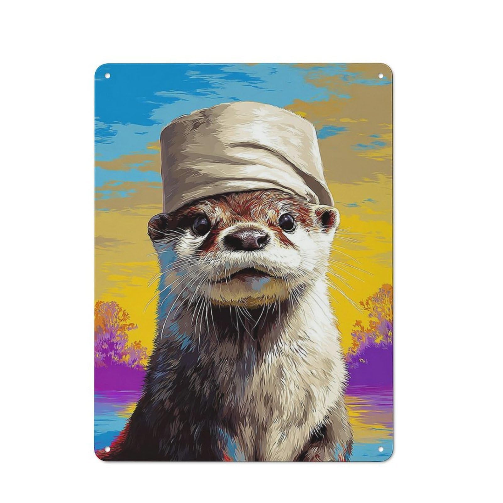 Junmoney Otter In A Hat Colorful Artwork Rustic Metal Plaque 40X30cm For Hobby Room Or Studio, For Vintage Wall Decor Fans, For Garage And Workshop Walls