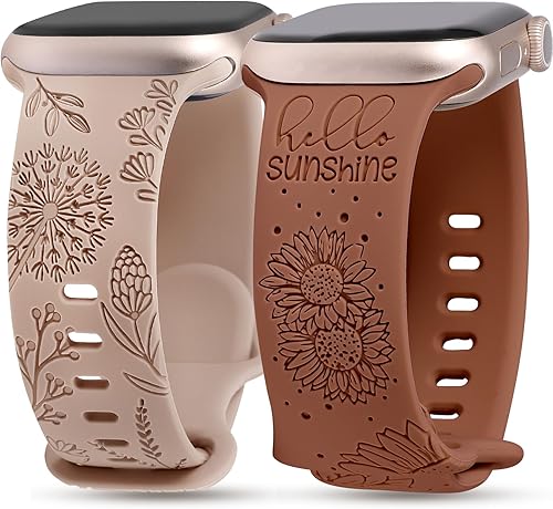 Minyee Paquete de 2 correas con grabado floral compatibles con correas de Apple Watch de 1.614 in, 1.575 in, 1.496 in, 1.732 in, 1.772 in, 1.654 in,