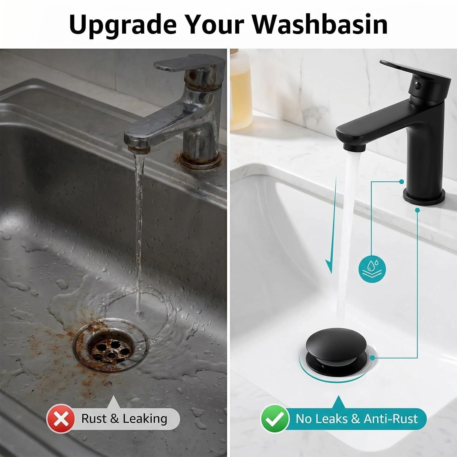 Piletta Lavabo Senza Troppopieno Universale 1 1/4“ Pollice - Valvola di Scarico Click Clack per Lavabo e Bidet in Nero, Facile Installazione e Drenaggio Rapido, Materiali di Alta Qualità