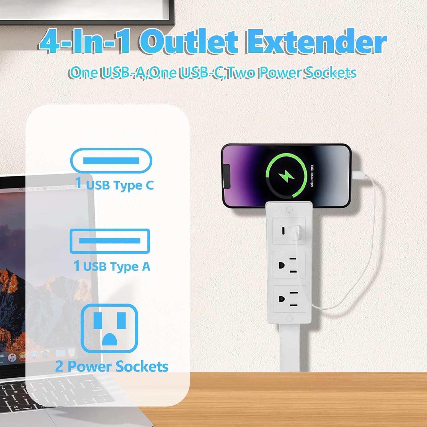 Electrical Outlet Extender - Outlet Extender Stick with USB-A,USB-C,2 AC Outlets Extend 18” to 28”,180°Combine Plug Adapter for Nightstands,Sofa,Desks and More Hard to Reach Spaces
