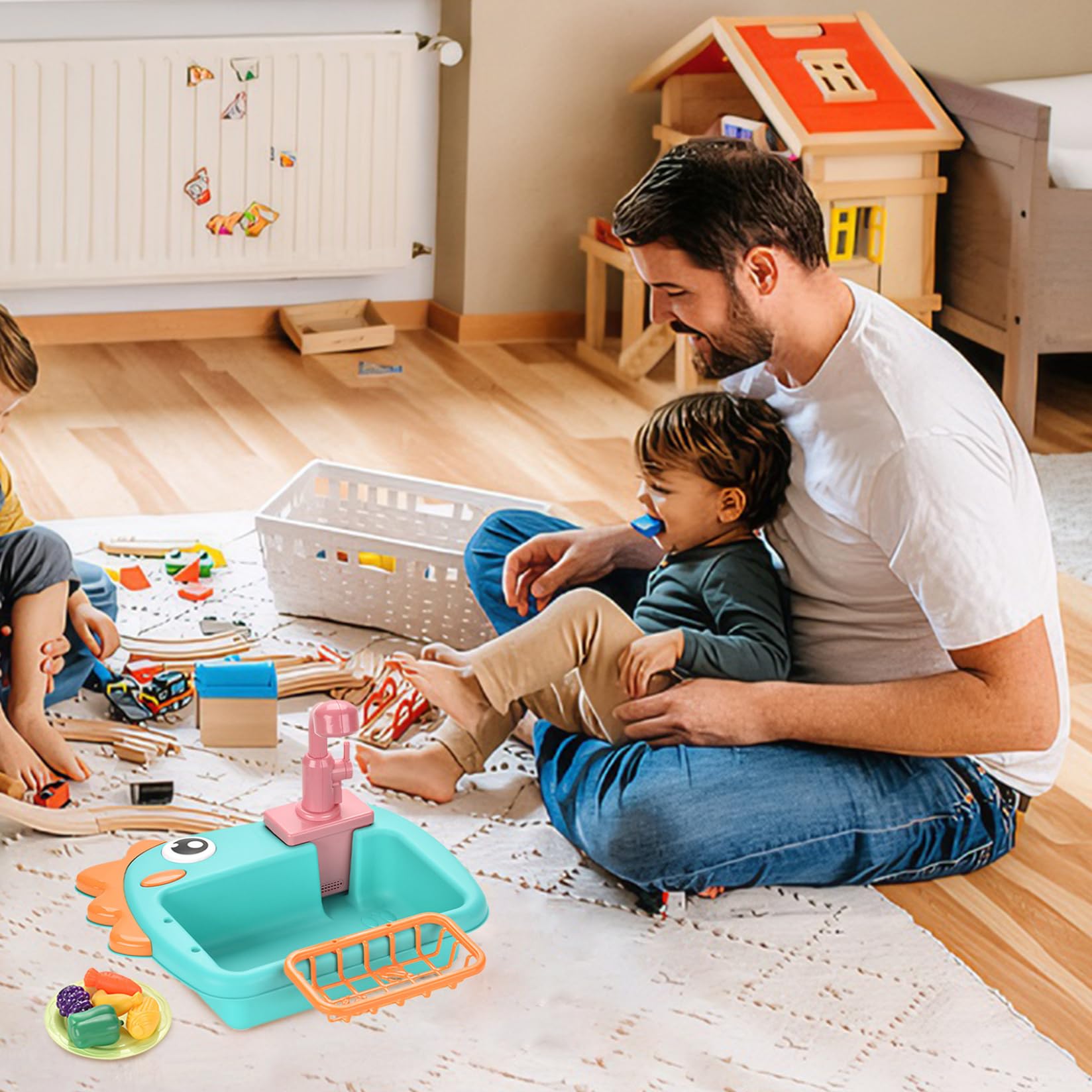 Lavandino da gioco con acqua corrente a circolazione elettrica, set da 21 pezzi, lavandino per bambini 2 in 1, senza BPA, simpatico dinosauro cartone animato educativo, giochi di finzione, giocatt