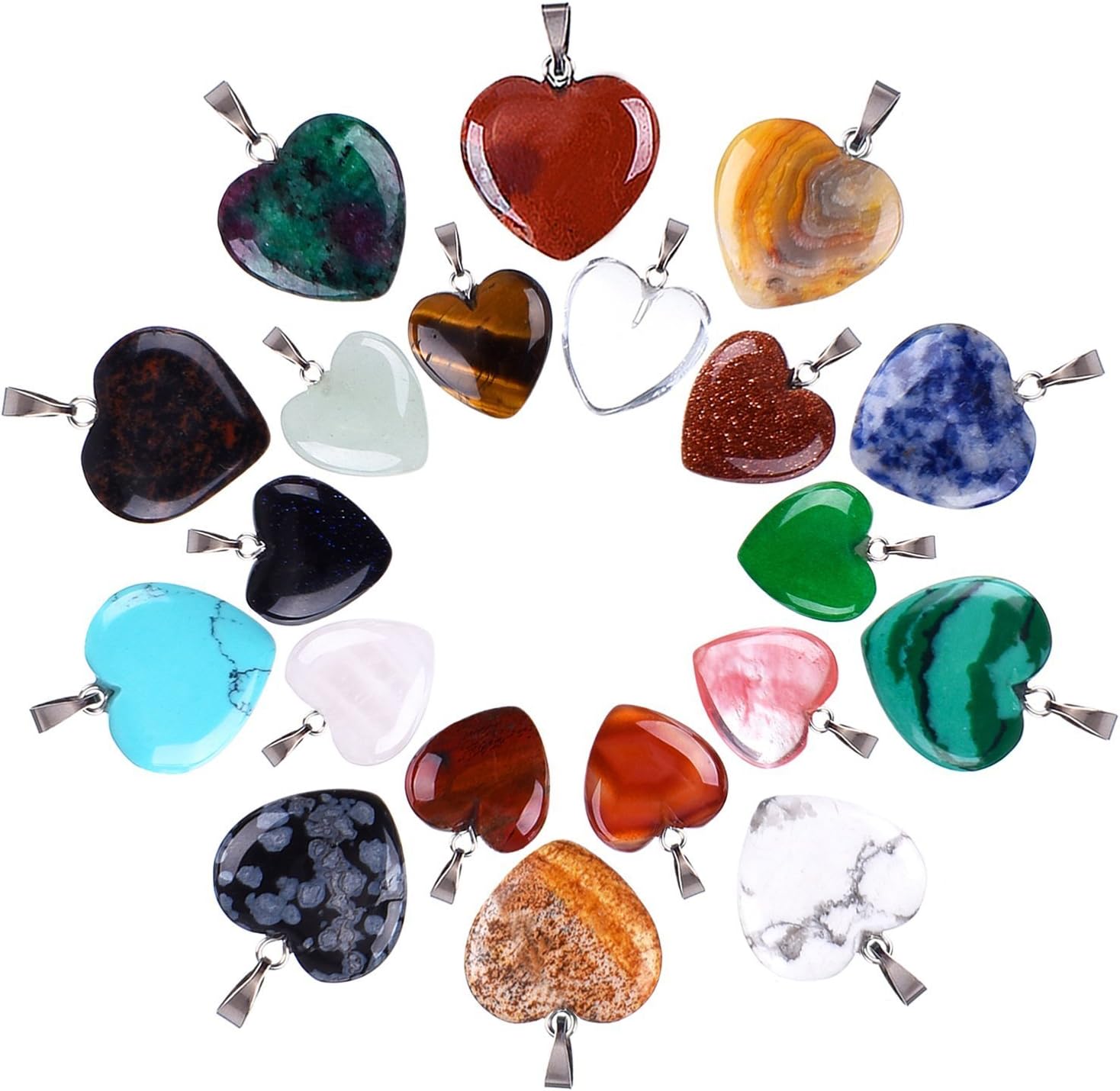 Outus 20 Pcs Heart Crystal Pendants Natural Stone Charms, 2 Sizes Assorted