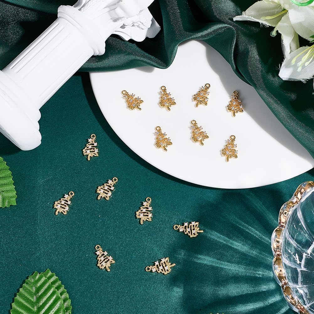 Beebeecraft 1 Box 14Pcs Gold Christmas Tree Charms 18K Gold Plated Brass Metal Cubic Zirconia Xmas Tree Charm for Jewelry Making Holiday Ornament Decoration Crafts Gift
