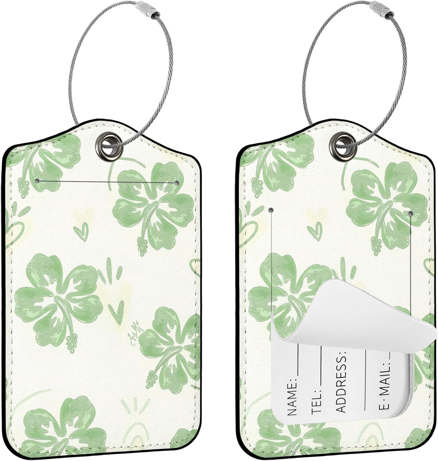 Seorsok 2Pcs Luggage Travel Tags for Suitcases,Green Leaves PU Leather Name Tag with Privacy Cover&ID Label Address Card and Durable Metal Ring Suitable for Men Women Handbags Backpack,Creamy Beige