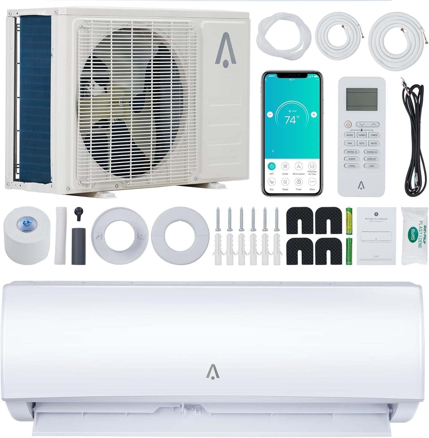 9,000 BTU Mini Split AC/Heating System, 19 SEER2 Inverter Ductless Heat Pump, WiFi Wall Mount Split System Air Conditioner, Up to 450 Sq ft, 115V, Installation Kit, Timer Sleep Mode, Quiet