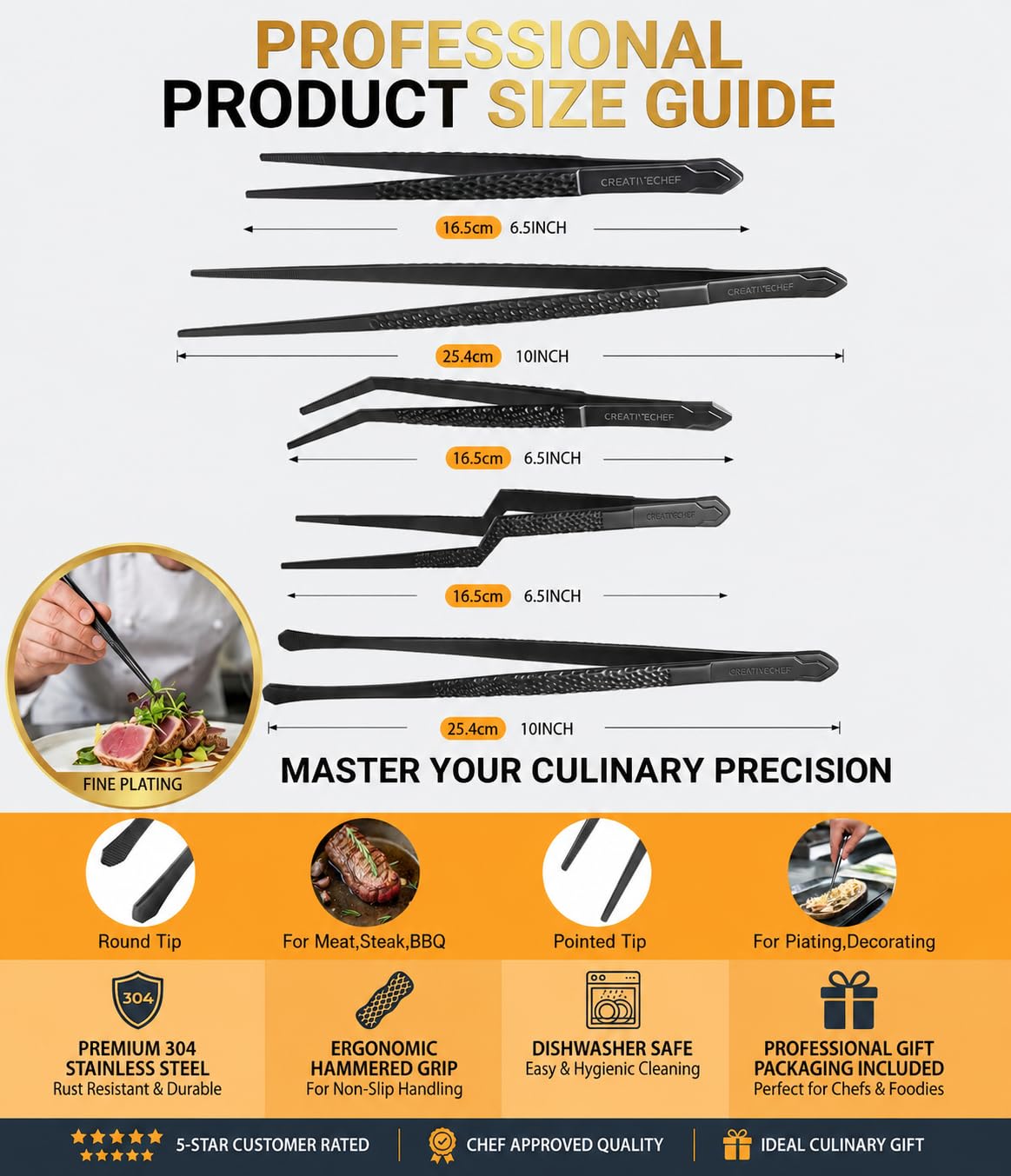 Lot de 5 pinces à épiler de cuisine, pince à épiler de chef, pince à épiler de 25,4 cm et 16,5 cm, universelle pour tous les types de cuisine, steak, placage, pâtes et beaucoup d'autres scénarios