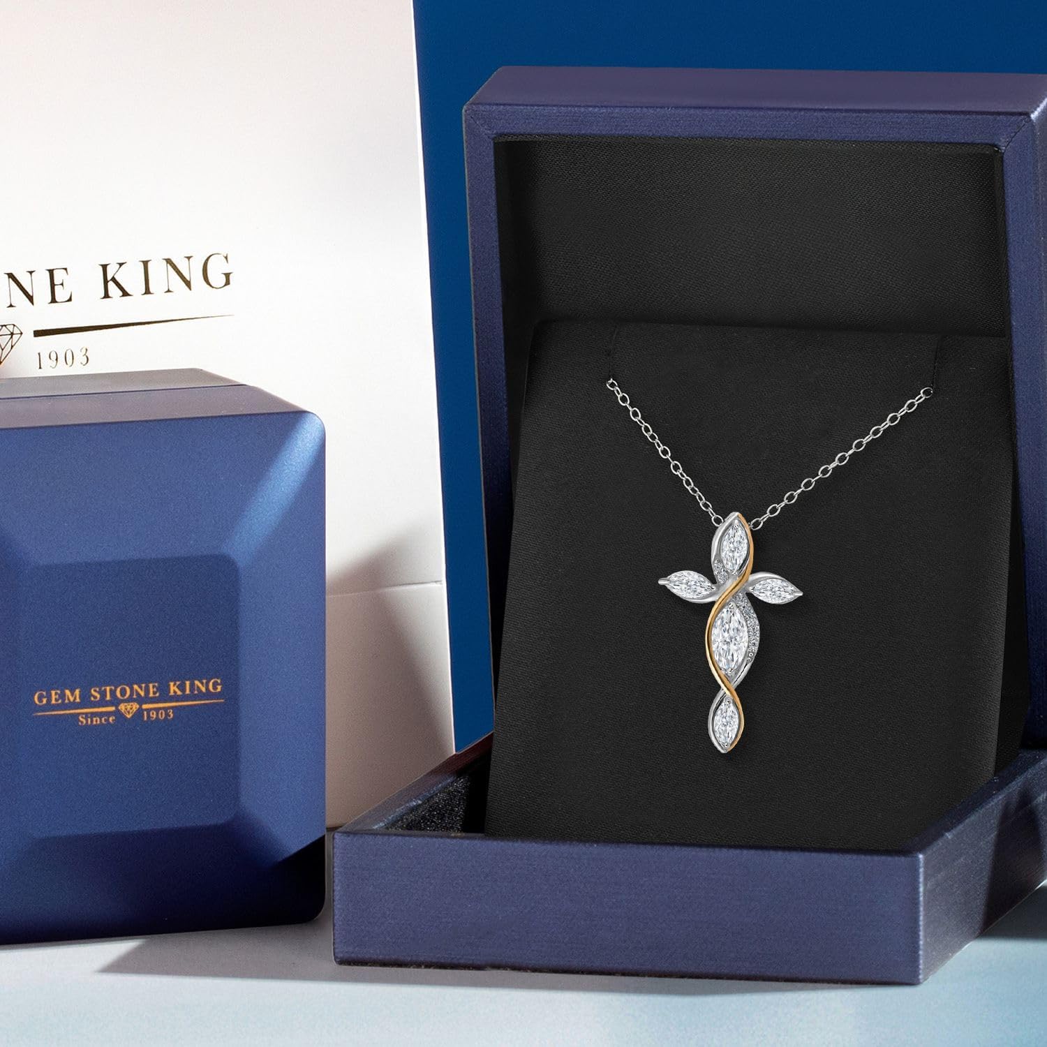 Gem Stone King Cross Necklace For Women | 925 Silver and 10K Yellow Gold | White Moissanite Pendant Necklace For Women| 1.31 Cttw | Jesus Christian Religious Crucifix | Marquise 8X4MM | With 18 Inch