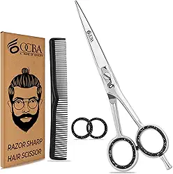 OCBA Tesoura profissional de corte de cabelo afiada para barbeiros, cabeleireiros e estilistas, tesoura de barba e corte de cabelo para homens e mulheres