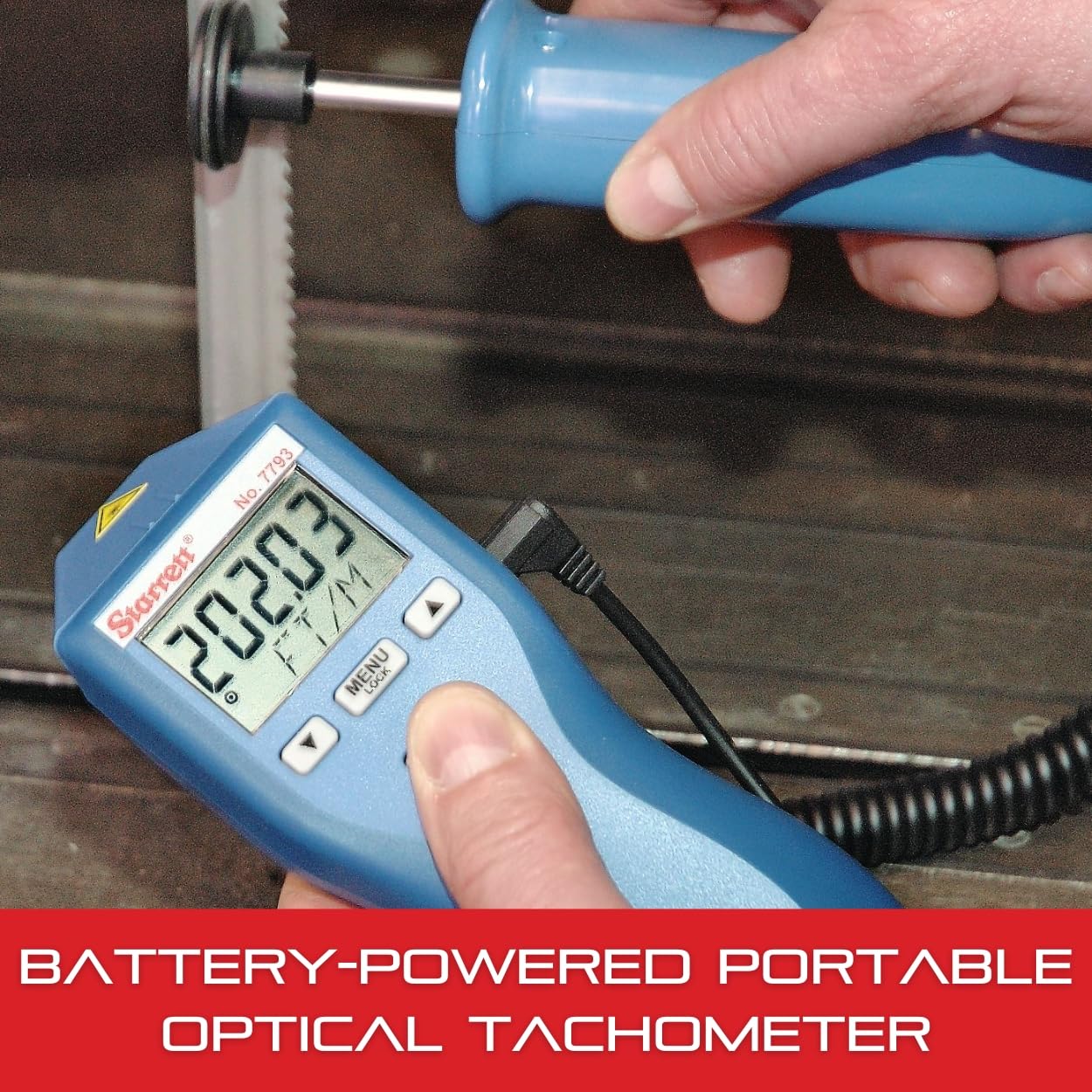 Starrett Contact and Non-Contact Digital Tachometer Kit with Case, Contact Tip, 9V Battery and Reflector Tape - 10cm Linear Contact Wheel 5' with Rubberized Housing - S7793Z