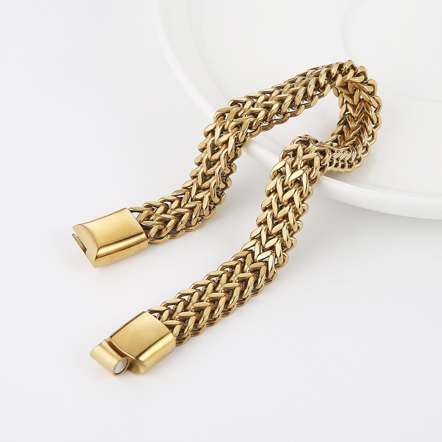 HZMAN Double Row Franco Chain Bracelet for Men - 8.66 Inch Heavy Duty Stainless Steel Curb Link,Gold Tone & Silver Masculine Wrist Jewelry Gift - Image 4