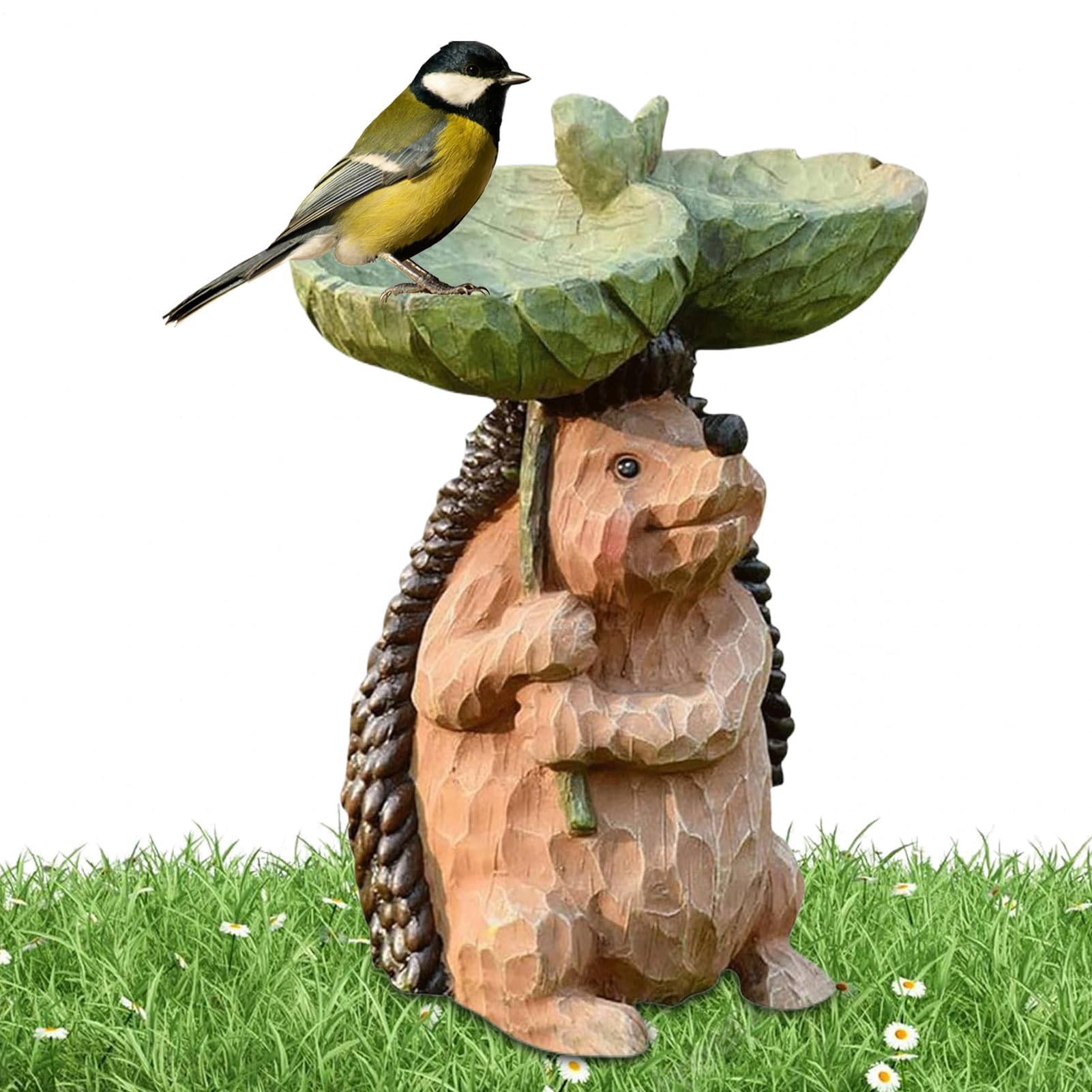 Riccio ornamento da giardino con mangiatoia per uccelli e vasca, scultura paesaggistica in resina resistente alle intemperie, per cortile e patio all'aperto, 15 x 10 x 21 cm