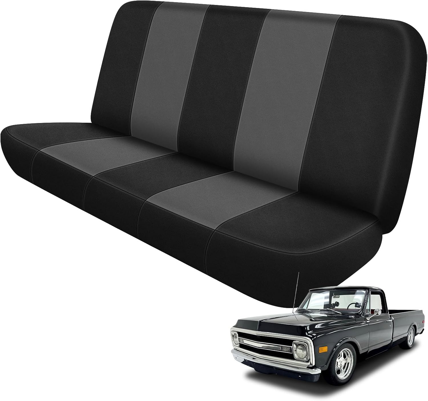 Truck Seat Cover Compatible with 1973-1999 Chevy Full-Size Trucks, Neoprene Solid Bench Seats Without Headrests, Black&Charcoal