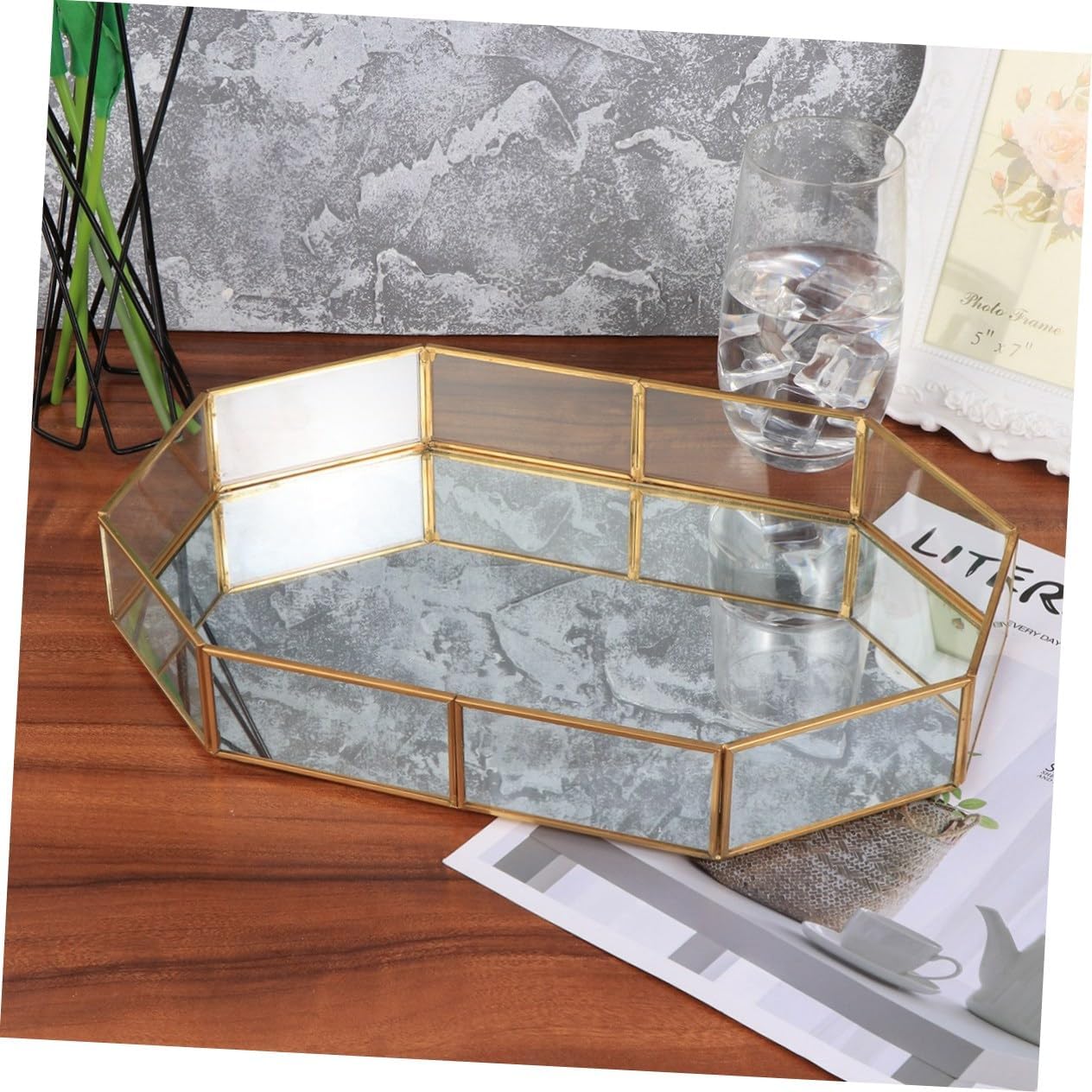 GALPADA Decorative Copper Structure Jewelry Tray with Mirrored Panels Elegant Glass Organizer for Vanity Multi-purpose Display for Jewelry