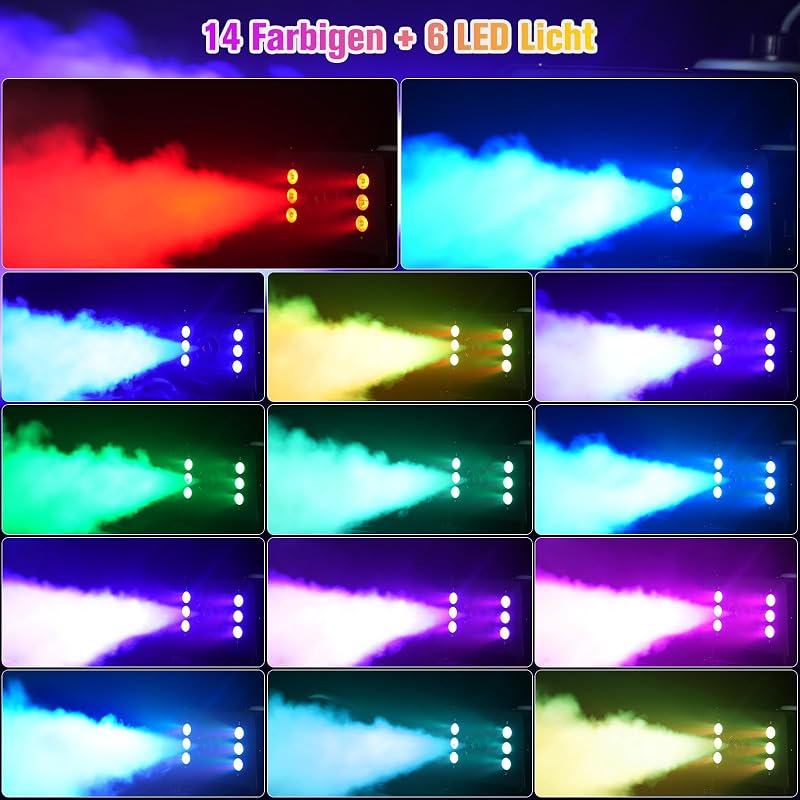 UKing 1500W Ködgép 6 RGB LED Fénnyel, Távirányítós Füstgép 1L Tartállyal Esküvő Buli Színház Halloween Rendezvényekhez