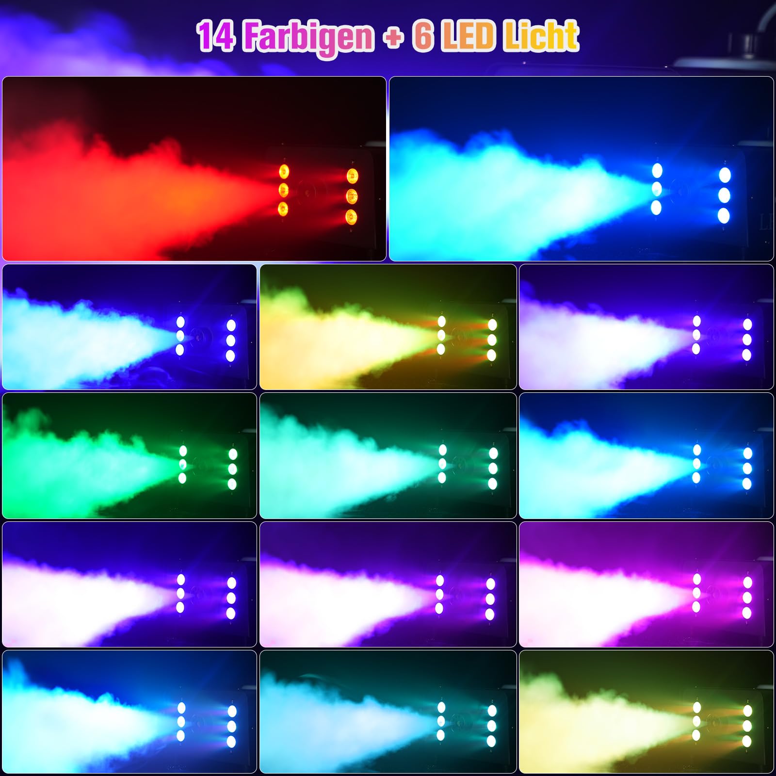 UKing 1500W Nebelmaschine 6 RGB LED,Partylicht Rauchmaschine mit Fernbedienung und 1L Tank,Hohes Nebelvolumen für Hochzeit, Party, Theater, Halloween, Weihnachten