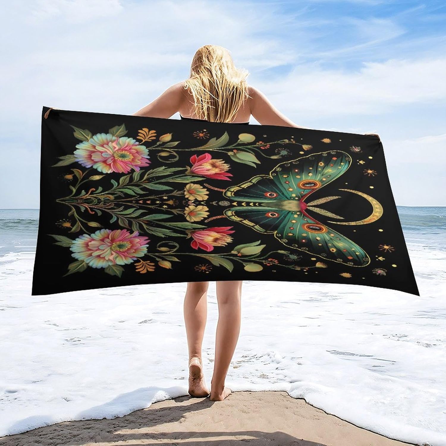 Plant Nature Flower Moth Moon Bath Towel Beach Towels Quick Dry Oversized Bath Blanket Highly Absorbent Towel for Women Men 160x80cm