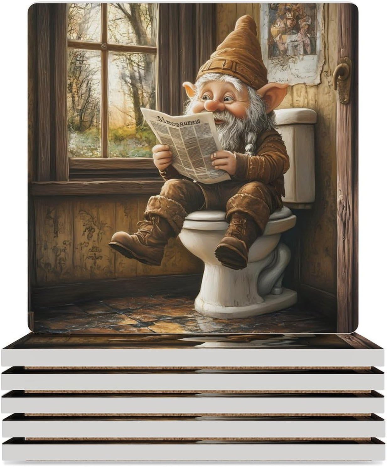 Dwarf Sitting in Toilet Reading Newspaper Ceramic Coasters Set Square Drink Coasters Table Coaster for Kitchen Desktop Decor