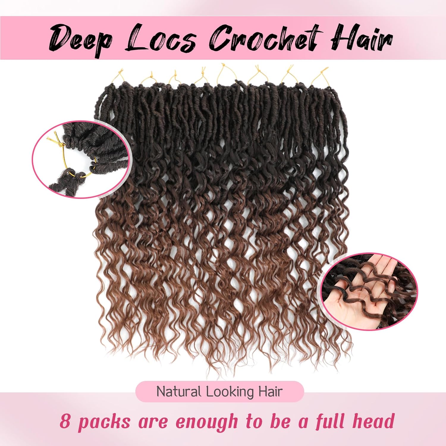 Crochet Hair for Women Goddess Locs Crochet Hair Faux Locs with Curly Ends Hair Extension Pre Looped Deep Wave Ombre Brown T30 Color 24 Inch 8 Packs