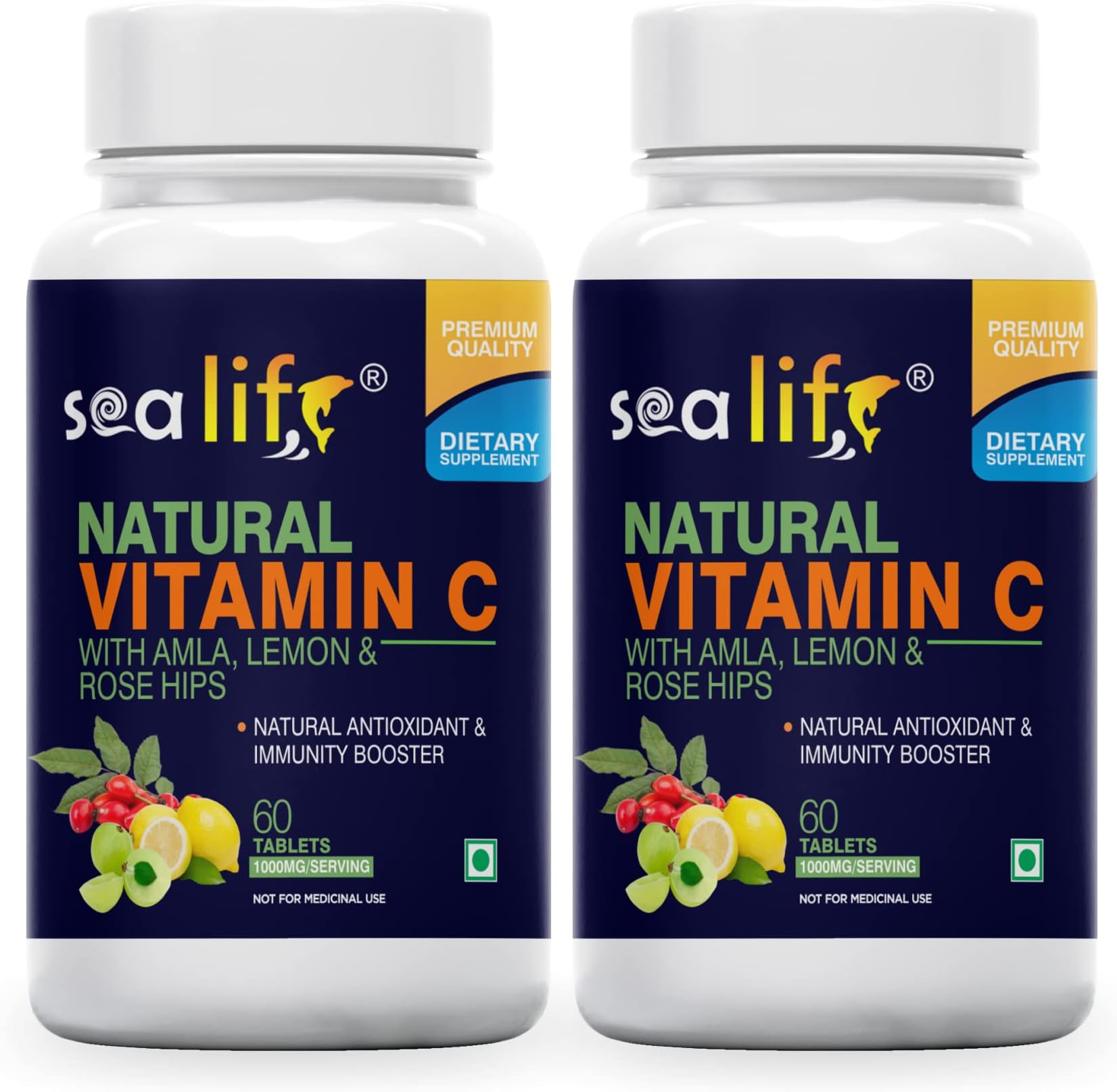 Natural Vitamin C 1000 mg (60 Veg Tablets Each) sourced from 100% Natural Amla, Lemon & Rose Hips Extracts | Promotes Glowing Skin | Immunity Booster | for Men & women pack of 2