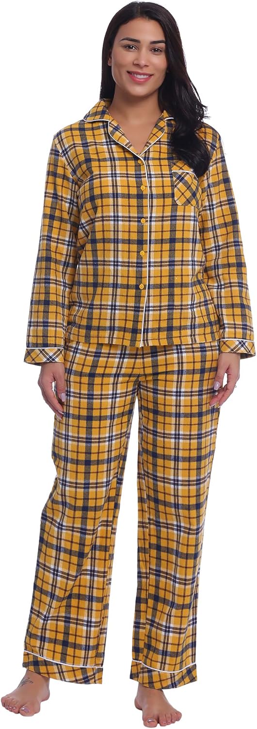 Womens Ladies Cotton Flannel Pjs Soft Comfy Pajamas/Sleep Set Yellow