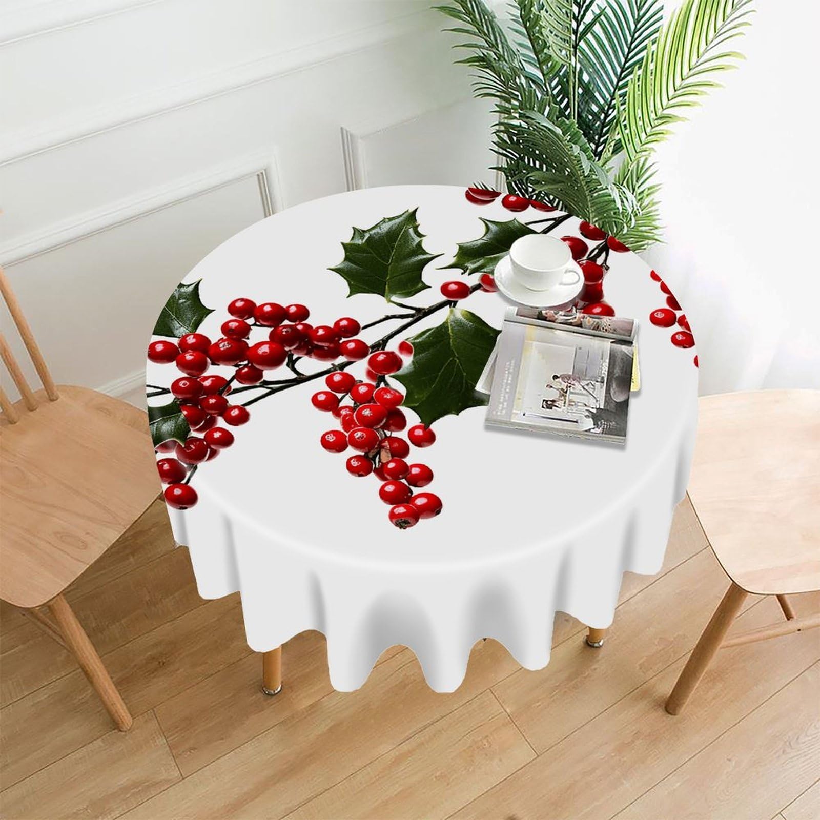 FekiLoot Holly Berry Branches Round Tablecloth Cover 60 Inch Wrinkle Free Washable Polyester Fabric Table Cover Decorative Round Table Cloth for Home Dining Kitchen Party Farmhouse