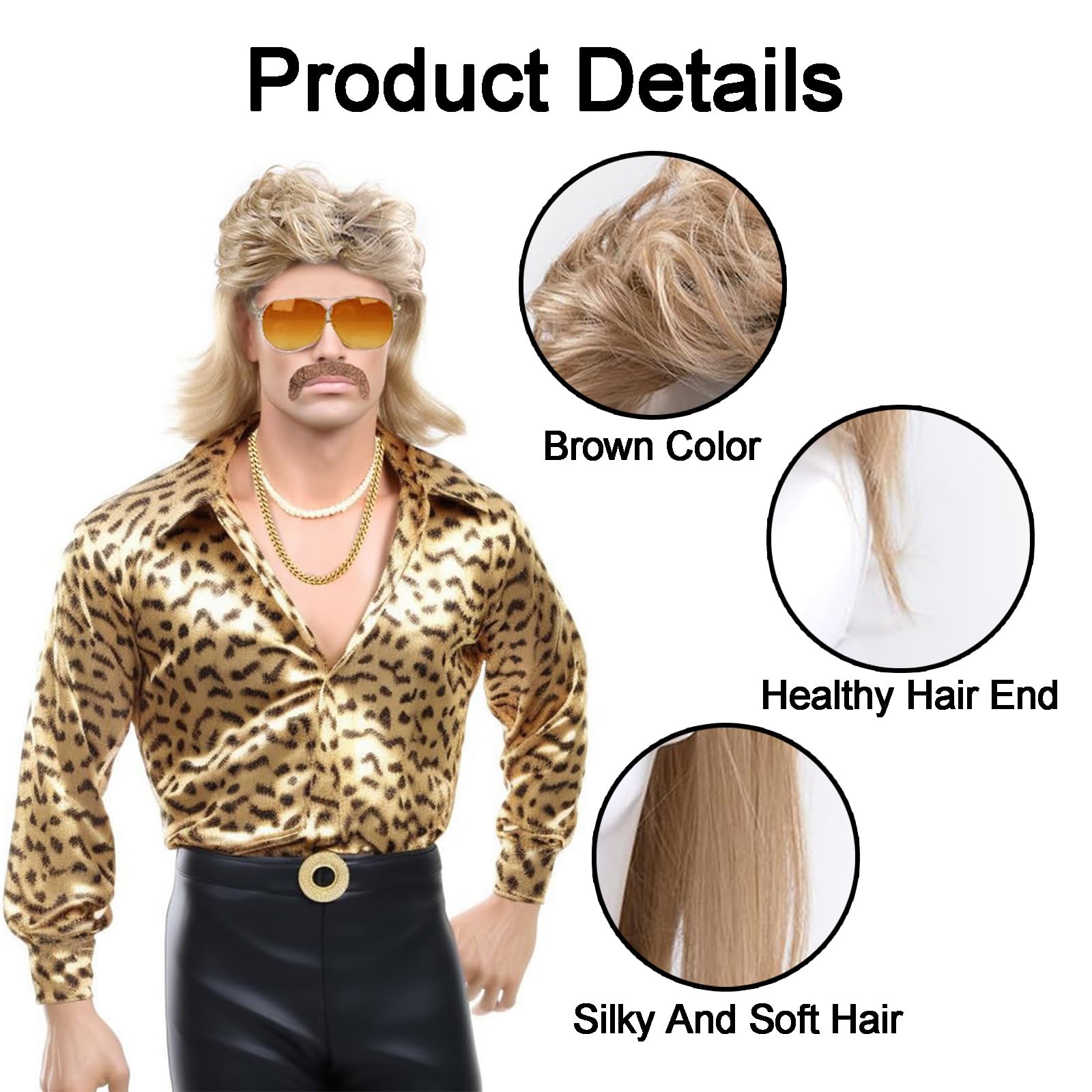 5 Pcs Brown Wig Set - Pop Rock 80s Mullet Wave Hair for Men - Artificial Halloween Costume Party Fashion Accessories - Image 4