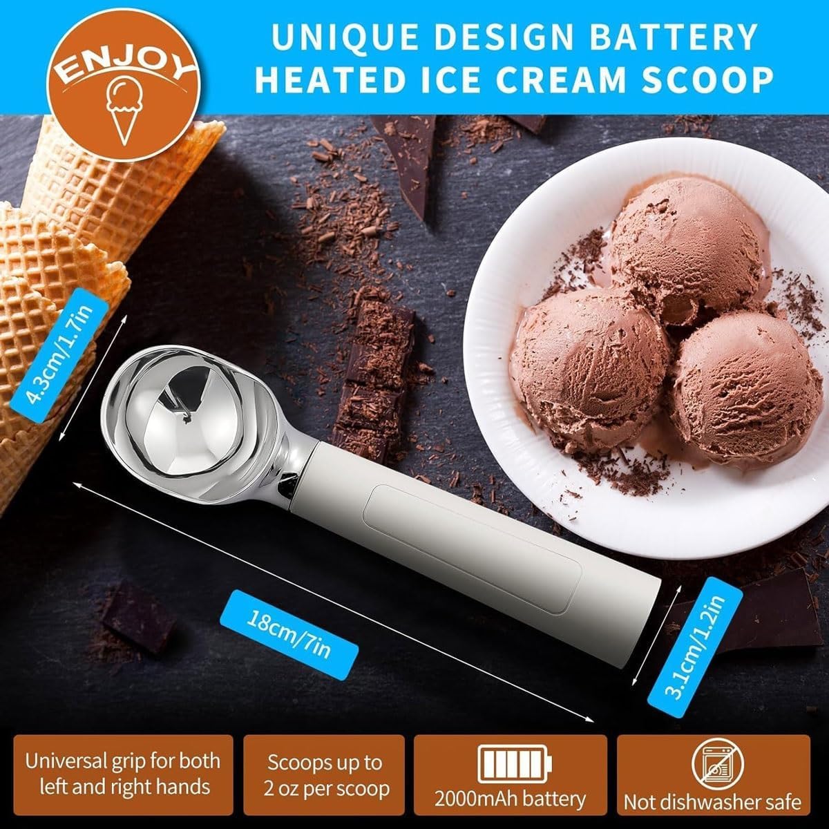 Cuchara eléctrica recargable para helado, cuchara termostática calentada de 2 onzas, impermeable IP67, fácil de limpiar, para todas las edades
