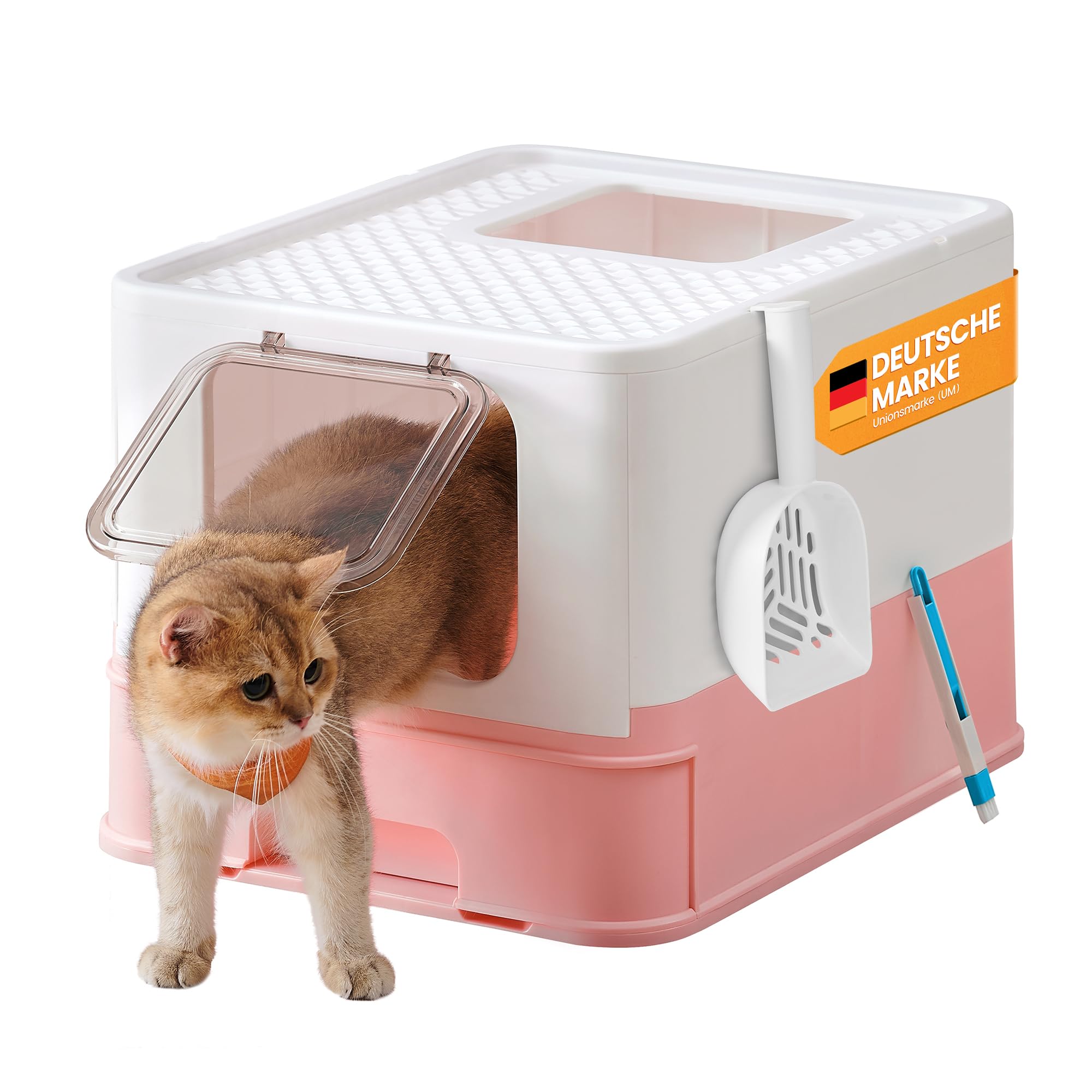 Feandrea Katzenklo, Katzentoilette, mit Deckel, ausziehbares Tablett, Schaufel, Bürste, für Katzen bis 15 kg, weniger Spuren, auslaufsicherer Boden, weiß-pastellrosa PPT001P01