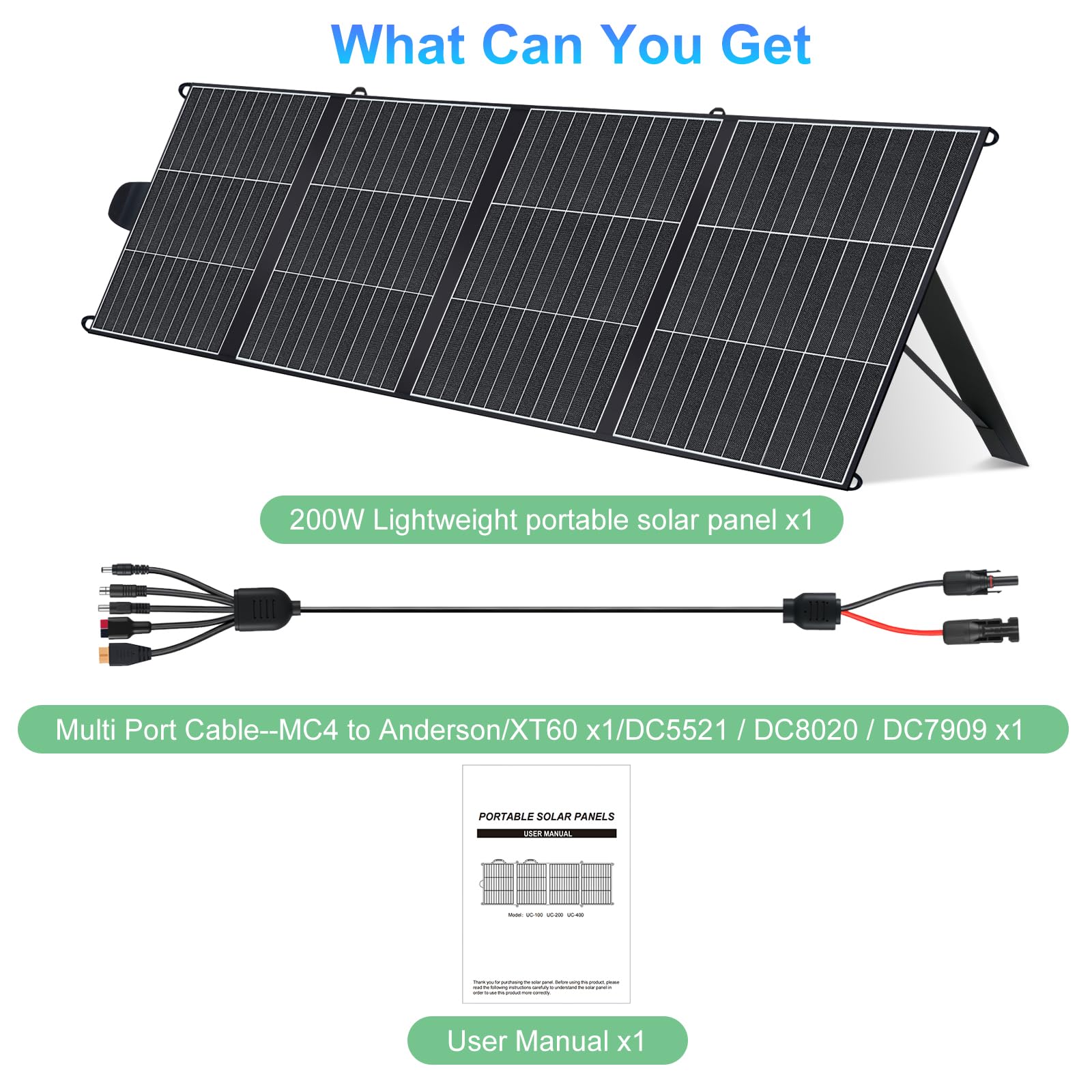 Panel słoneczny 200 W, lekka, przenośna ładowarka słoneczna, HPBC25% wysokowydajne panele słoneczne na kemping, wędrówki, do kampera, łodzi, ładowarka solarna z portami USB-A i USB-C, czterokrotnie
